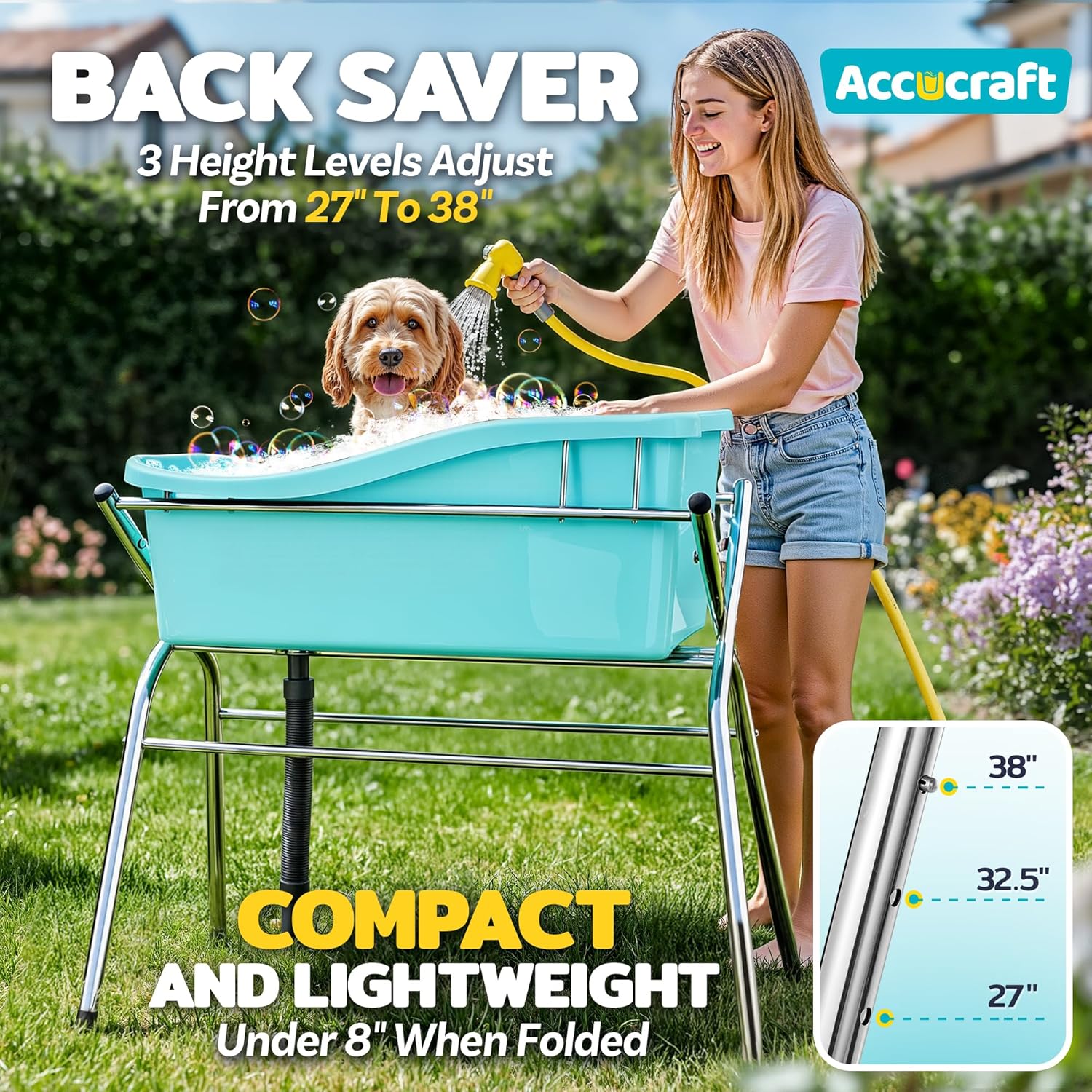 ACCUCRAFT Dog Bath Tub, Portable Dog Washing Bathing Station, 3 Levels Elevated Foldable Dog Bath for Shower and Grooming, Collapsible Shower Bathtub Pet Tub for Small and Medium Size Dogs