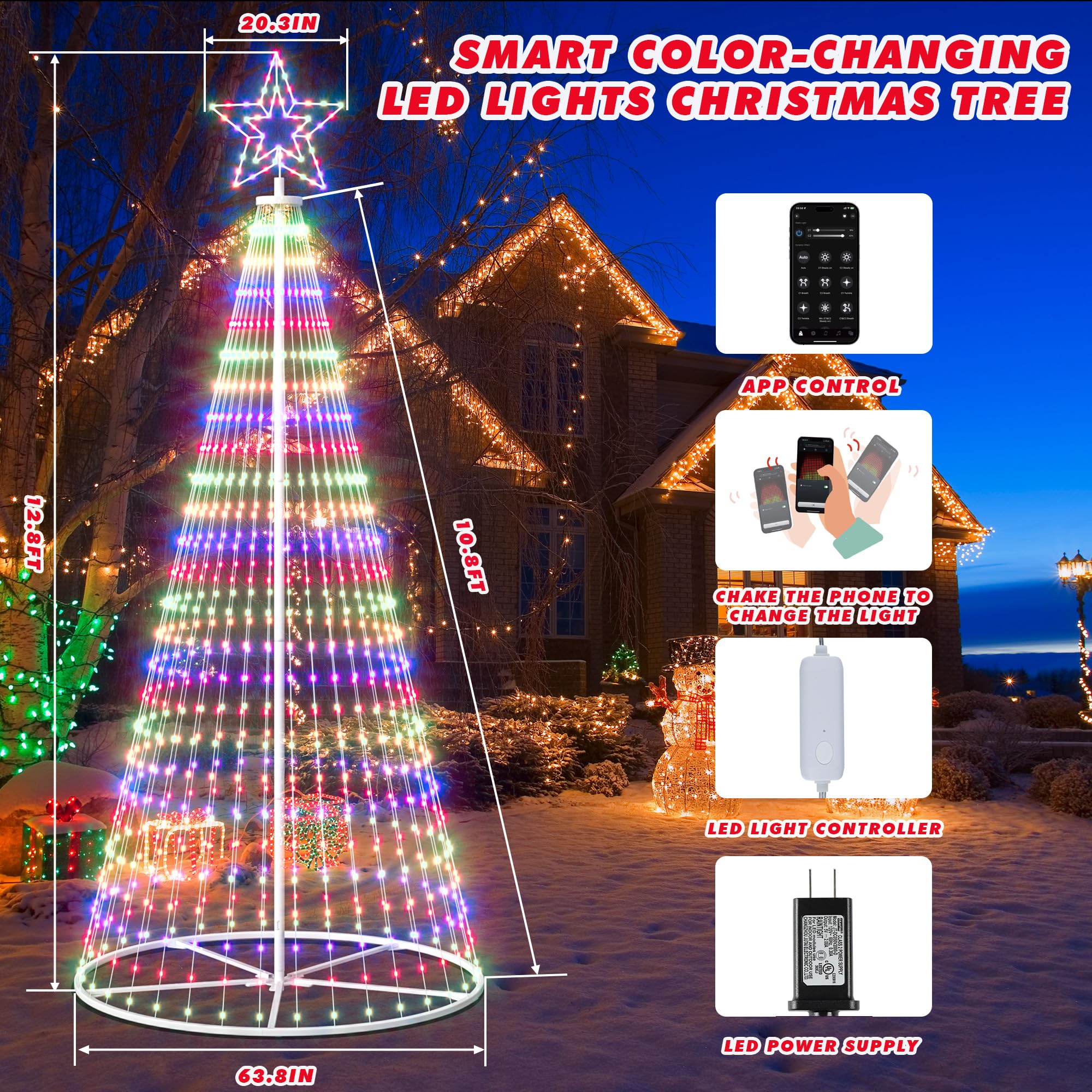outdoor christmas tree, 12 ft prelit christmas tree, smart cone outside christmas trees light show, app control with led lights color changing christmas trees lighting
