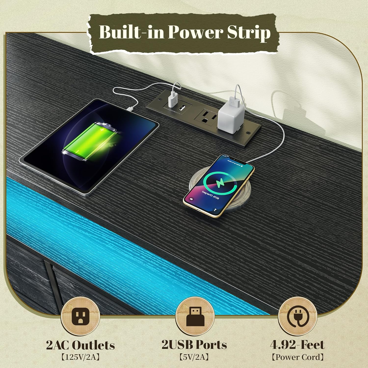 Dresser TV Stand for 50" TV with Power Outlets & LED Light, Entertainment Center with Storage 5 Fabric Drawers Dressers TV Stand for Bedroom, Living Room, Grain Black