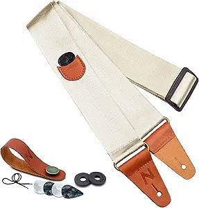 Guitar Strap with Pick Pocket, Vintage Nylon Full Grain Leather Ends Guitar Straps for Bass, Electric & Acoustic Guitar, Come with Free Strap Button, 1 Pair Strap Locks and 4 Guitar Picks (Beige)