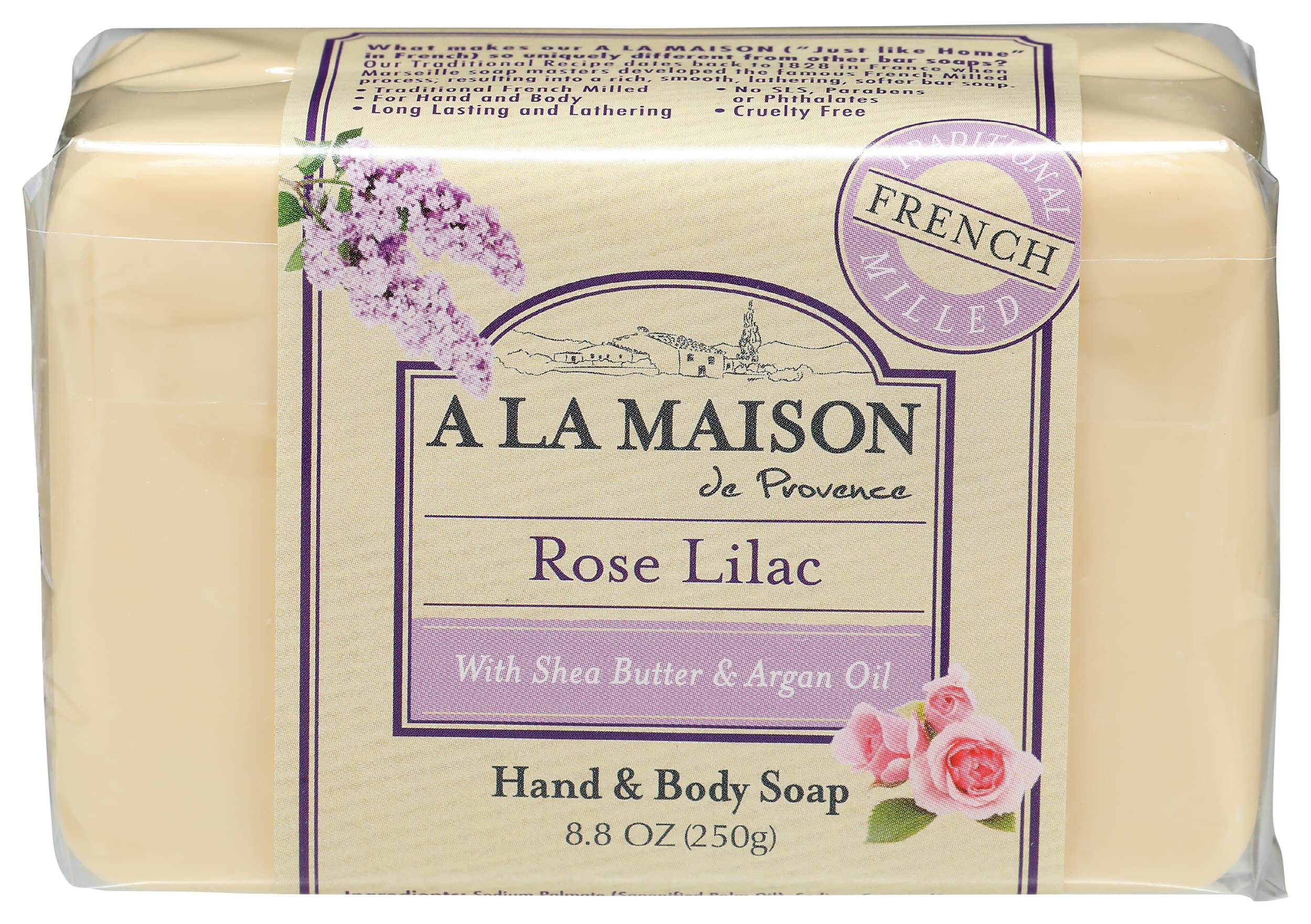 A LA MAISON Rose Lilac Bar Soap - Triple French Milled Natural Moisturizing Hand Soap Bar (1 Bar of Soap, 8.8 oz)