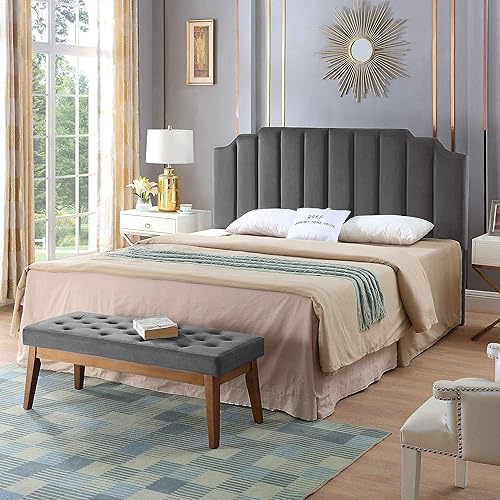 Vista 3 de 24KF - Cabecera con tapiz capitoné de terciopelo, diseño moderno de canales verticales y tablero curvo, para cama King/California King, gris oscuro