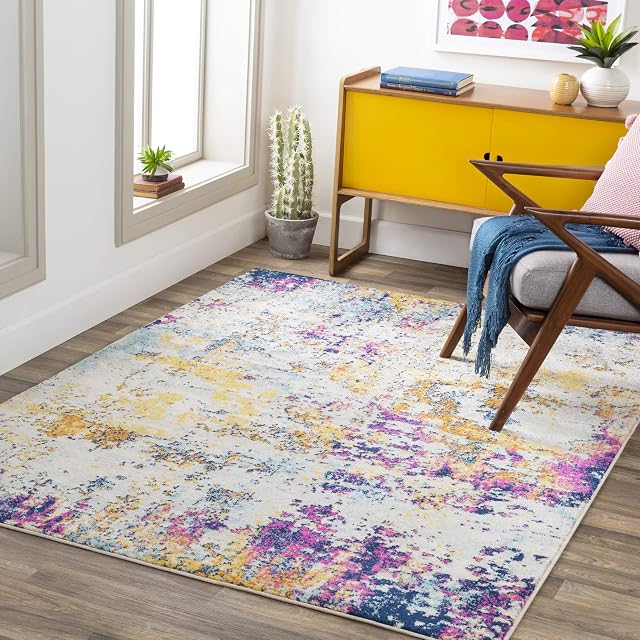 Surya Moroni Abstract Rug - Area Rugs Living Room, Dining, Lounge, Bedroom - Marble Rug, Modern and Luxurious with Soft Pile for Easy Care - Large Rug 160x220cm, White, Saffron, Pink, Blue Rug