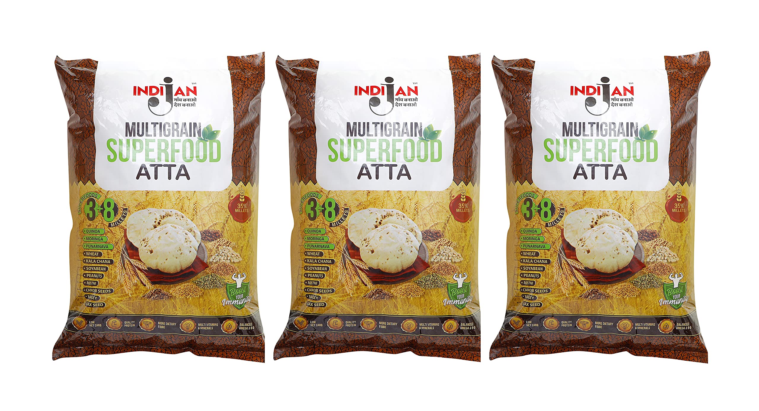 INDIJAN Multigrain Atta/Flour 15 Kg|Family Pack|11 Ingredients & 35% Millets+Superfoods|With Low Carb+Protein+Vitamins+High Dietary Fibre/Covers 50% Of Rda In 1 Serve/100 % Wholegrain