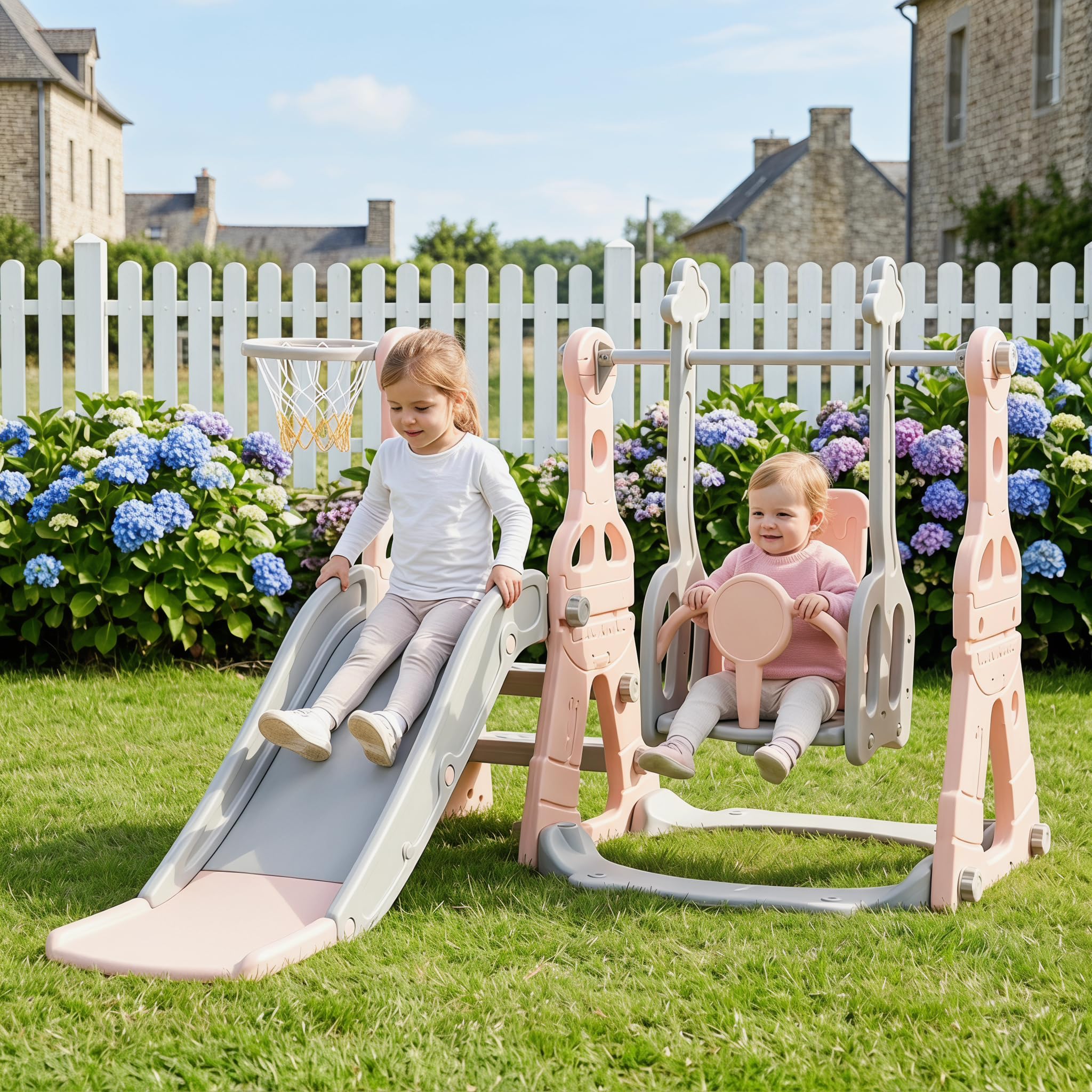 4 en 1 tobogán para niños, tobogán para bebés con anillo de baloncesto, toboganes, escaleras, columpios, tobogán multifunktionale interior y exterior para niños pequeños y preescolares (rosa)