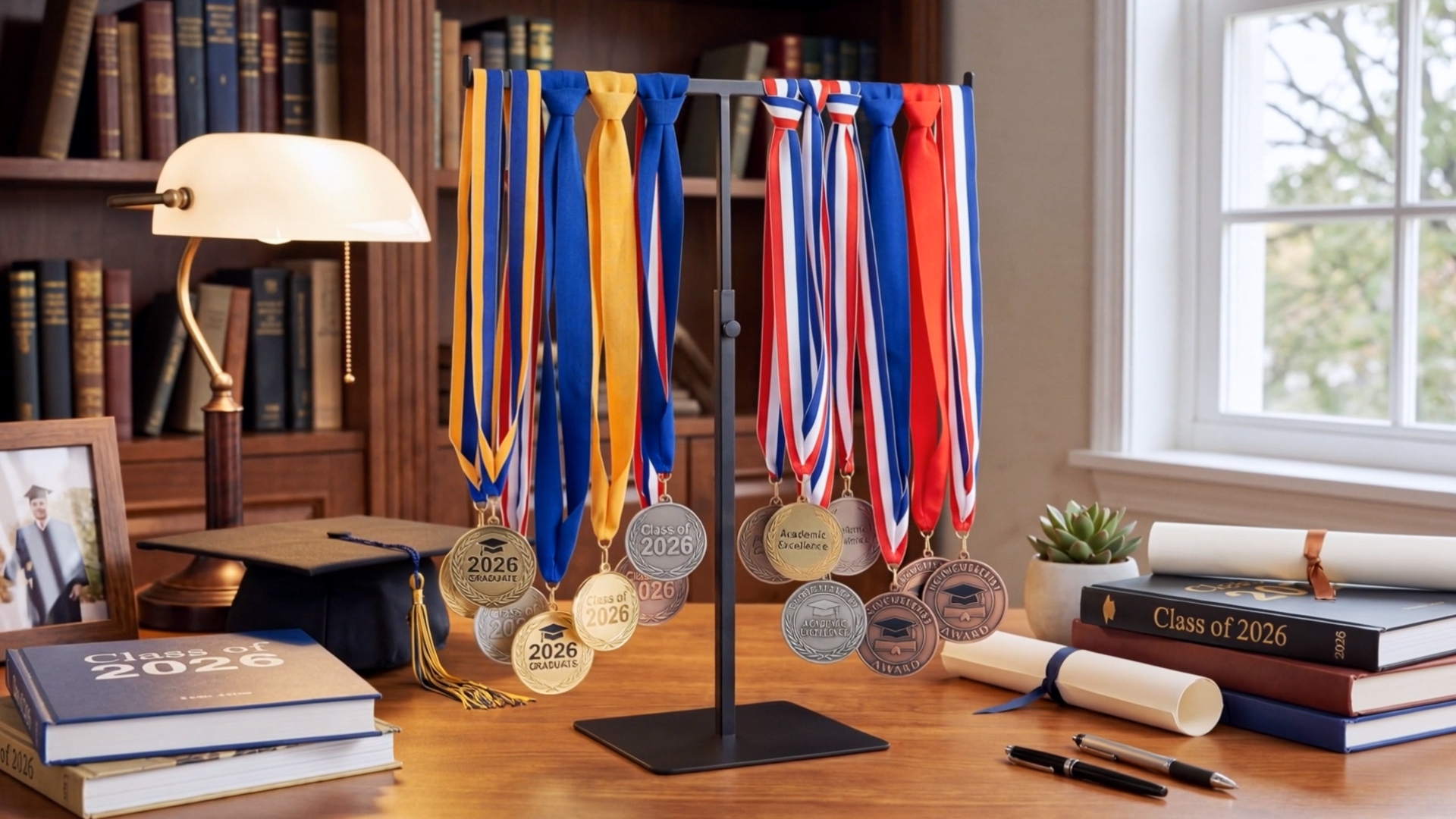 Image of Vicenpal 2026 Graduation Medal Display Stand Countertop End of Year Graduation Decoration Adjustable T Bar Display Stand Honor Medal Hanger Rack Award Holder Graduations Party Anniversary Decor