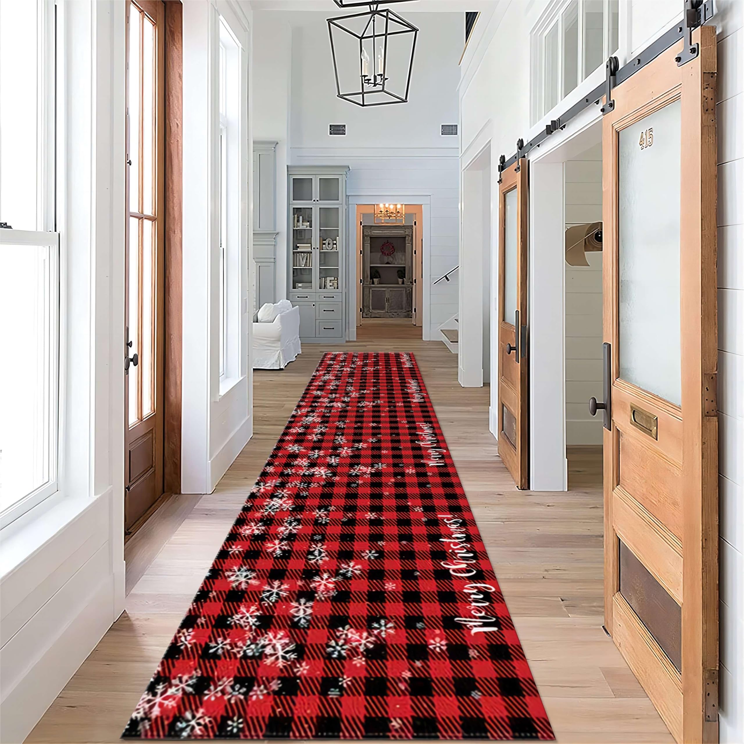 ZLXMN Mery Christmas Runner Rug, 4x10ft, Vintage Black red Checkered Kitchen Rugs?Winter White Snowflakes Hallway Rug, for Bathroom Laundry Room Rug Christmas Anti-Slip Washable Runner Rugs