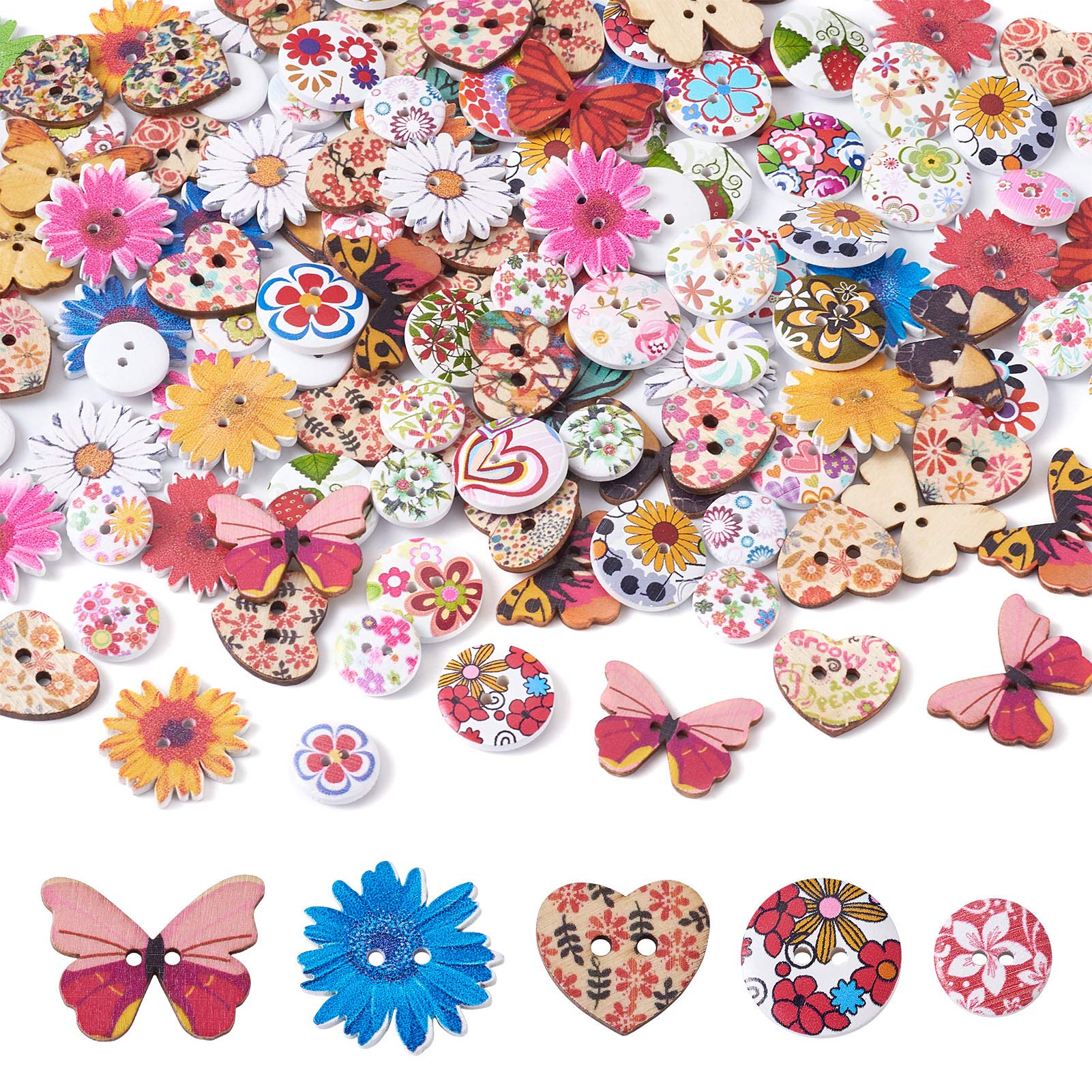 MegaPet 300 Stück bedruckte Holzknöpfe mit 2 Löchern, Herz, Blume, Schmetterling, runde Nähknöpfe mit Blumenmuster für DIY Nähprozess Dekoration