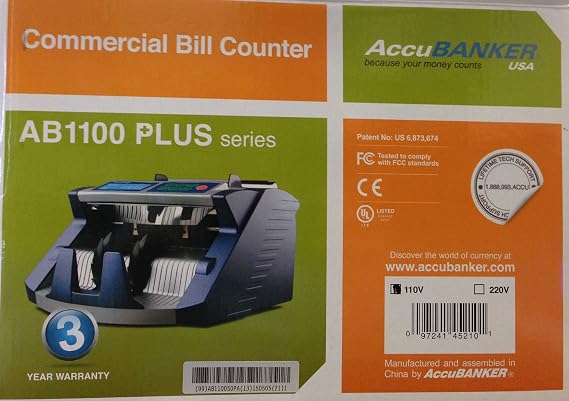AccuBANKER AB1100PLUS Commercial Grade Digital Money Counter, Hopper Capacity 200 Bills & Speed 1,300 Bills/Min Bill Counter Machine Fast & Reliable Perfect for Small & Medium Retailers