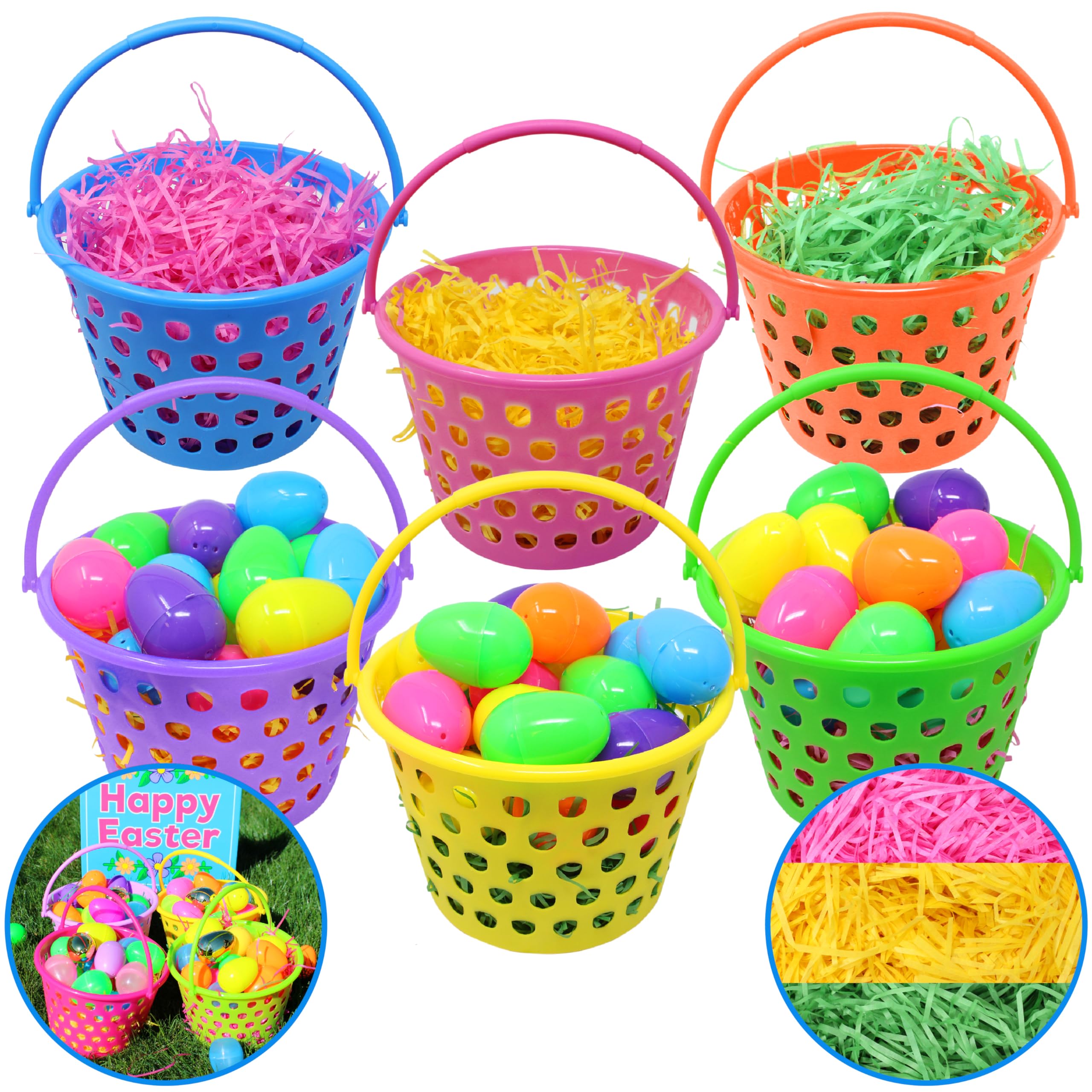 JOYIN 6 Pieces Easter Plastic Baskets with Handle and 55g Tricolors Grass for Garden Party Favors, Easter Eggs Hunt, Goodies Goody, Basket Fillers Stuffers Toy