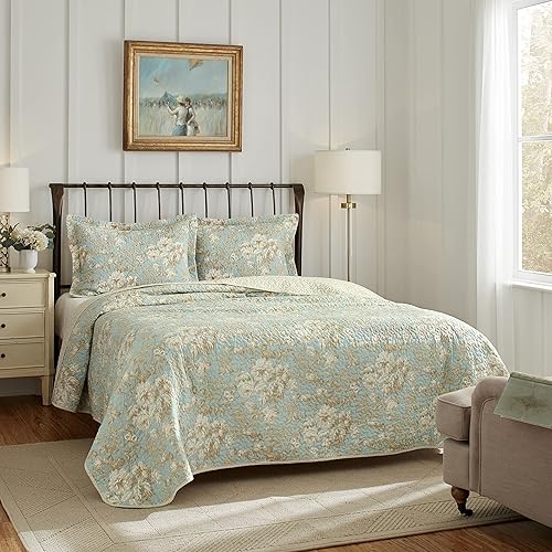 Miniatura 3 de Juego de colchas reversibles Brompton Serene de Laura Ashley, Algodón, Serene, Full Queen