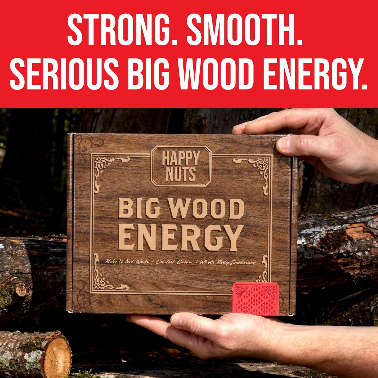 HAPPY NUTS Mens Gift Hygiene Kit - Big Wood Energy Box Men's Gift - Whole Body Deodorant, Moisturizing Body Wash, Anti-Chafing Comfort Cream - Body & Shower Gift Set Self Care For His Total Package - Image 5