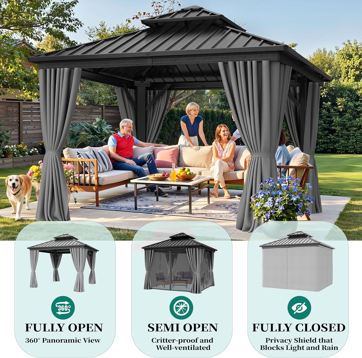 YITAHOME 10X10FT Gazebo Patios Hard Top Outdoor Double Roof Canopy Aluminum Frame Garden Gazebo with Curtains Netting for Backyards Decks Lawns, Gray