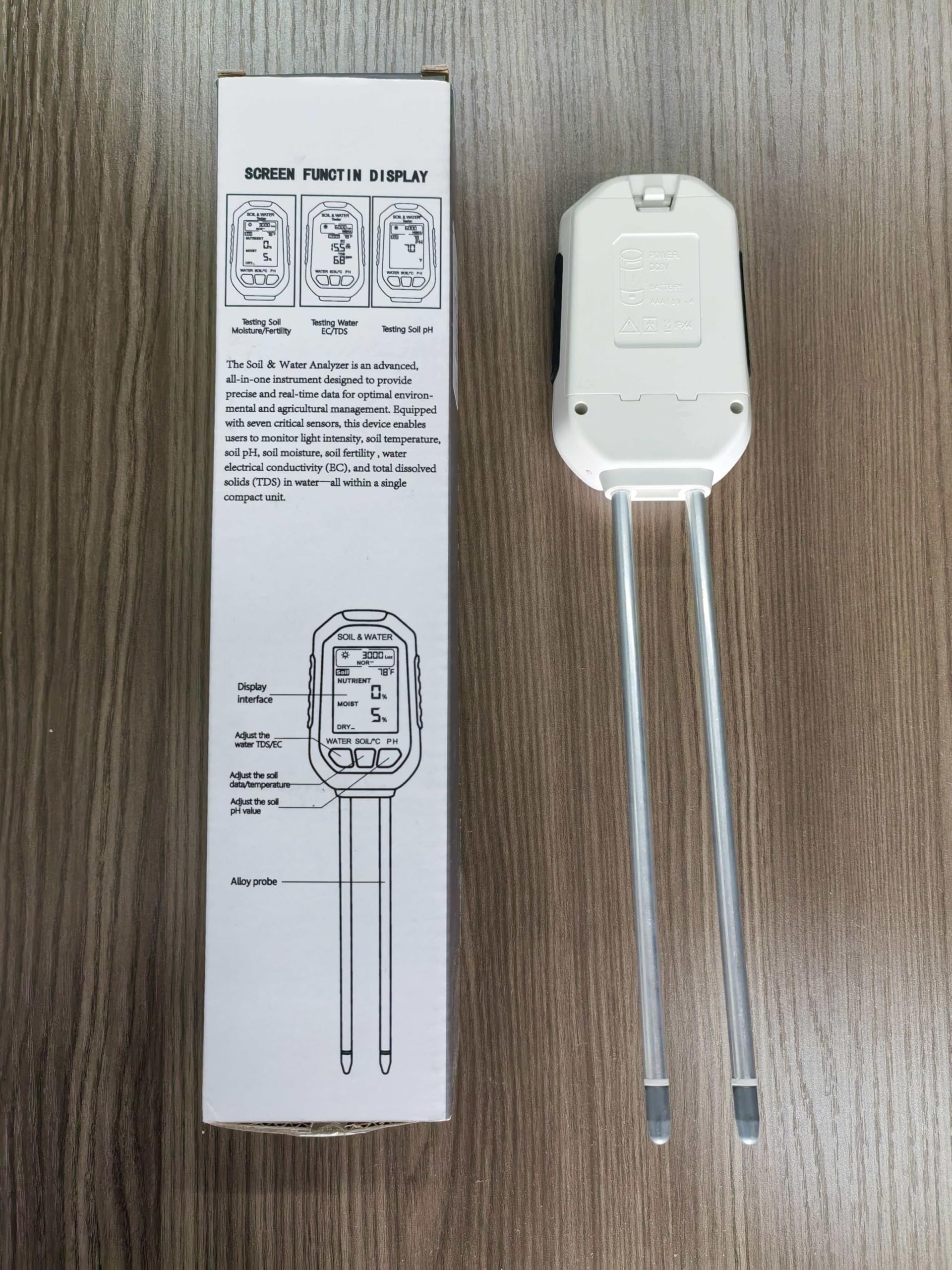 Analizador de suelo 7 en 1: mide la calidad del agua, el pH, la humedad, la temperatura, la luz, los nutrientes, la conductividad, etc. Apto para interiores, jardines y exteriores.