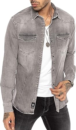 Camisa de Jeans Vaquera Denim para Hombre Manga Larga Gris