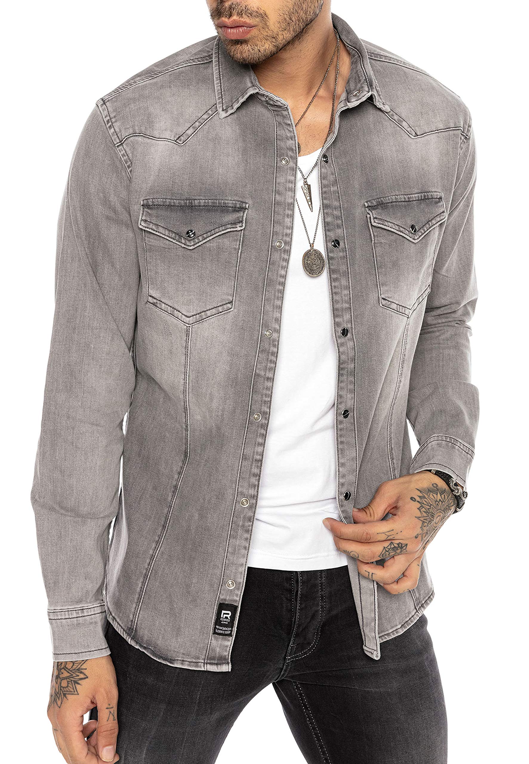 RED BRIDGE Camisa de Jeans Vaquera Denim para Hombre Manga Larga Gris