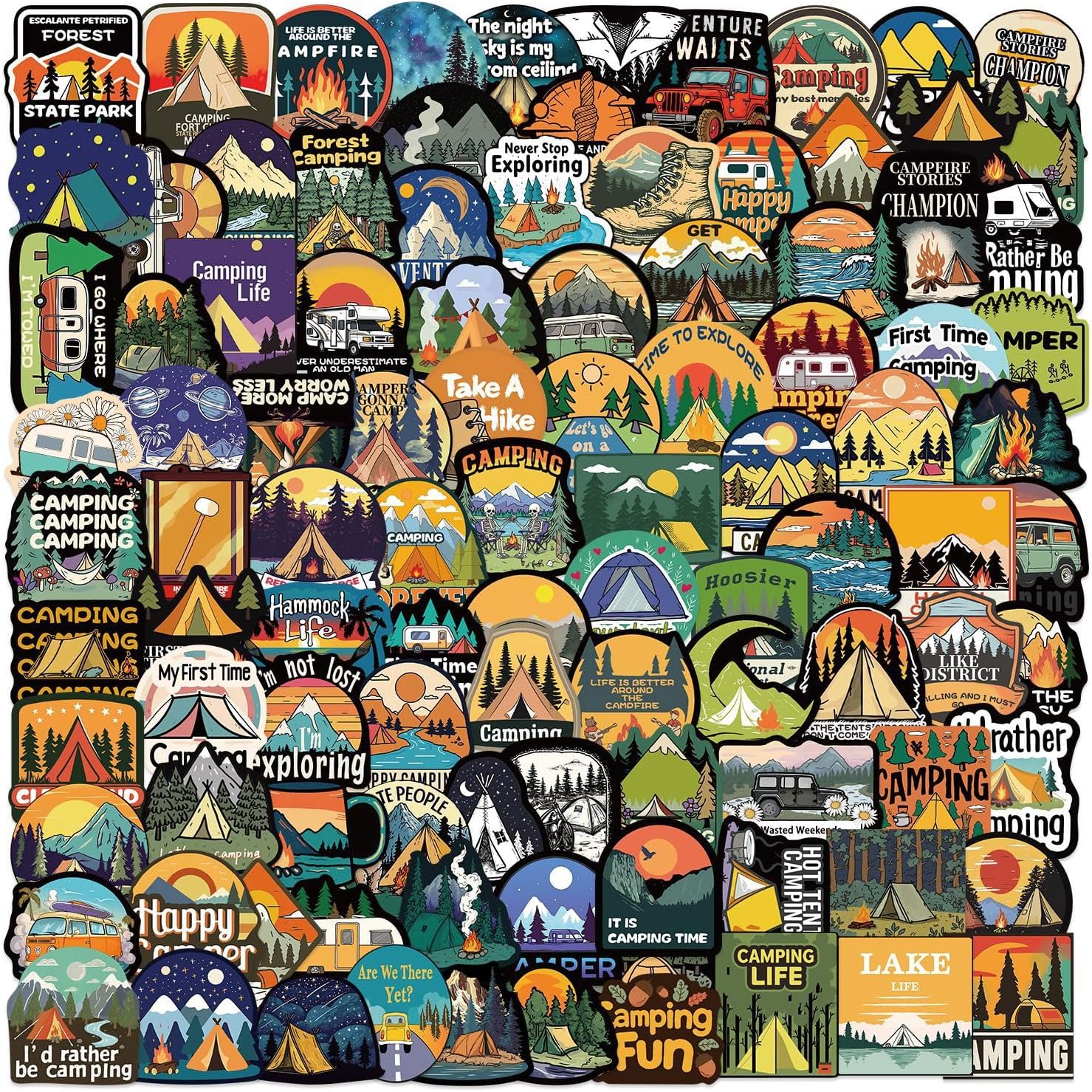 100PCS Cool Camping Adventure Stickers for Camper Explorer Men, Outdoor Wildness Hiking Waterproof Stickers for Water Bottle Laptop Scrapbook Luggage, Travel Forest Aesthetic Decals