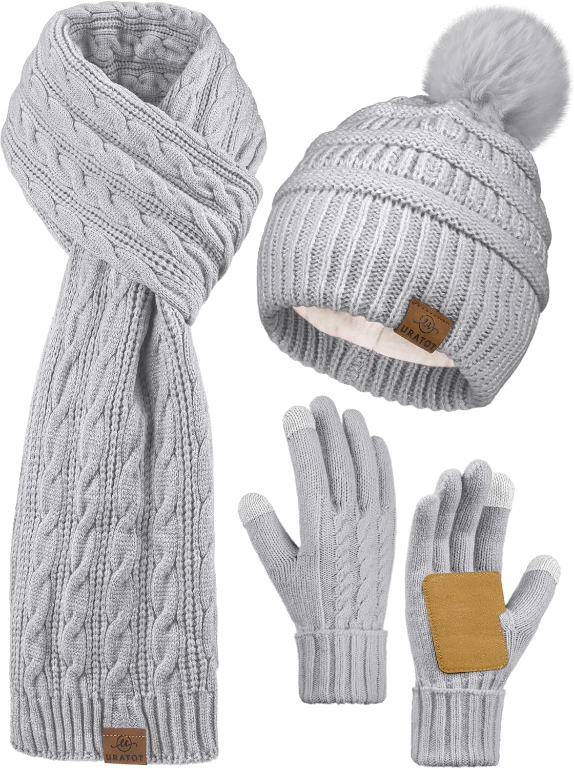 URATOT レディース 冬用 ビーニーハット スカーフ グローブ 3イン1セット レディース フリース裏地 ビーニー ポンポンハッ