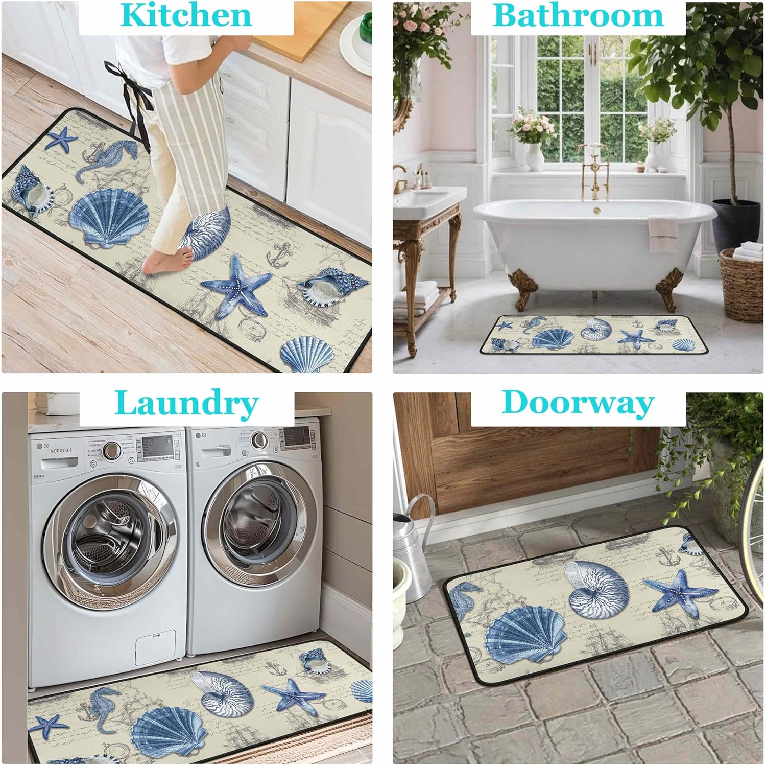 Ocean Theme Seashell Starfish Nautical Decorative Kitchen Rugs and Mats Set of 2, Kitchen Mats for Home Kitchen Decor 17"x47"+17"x30"