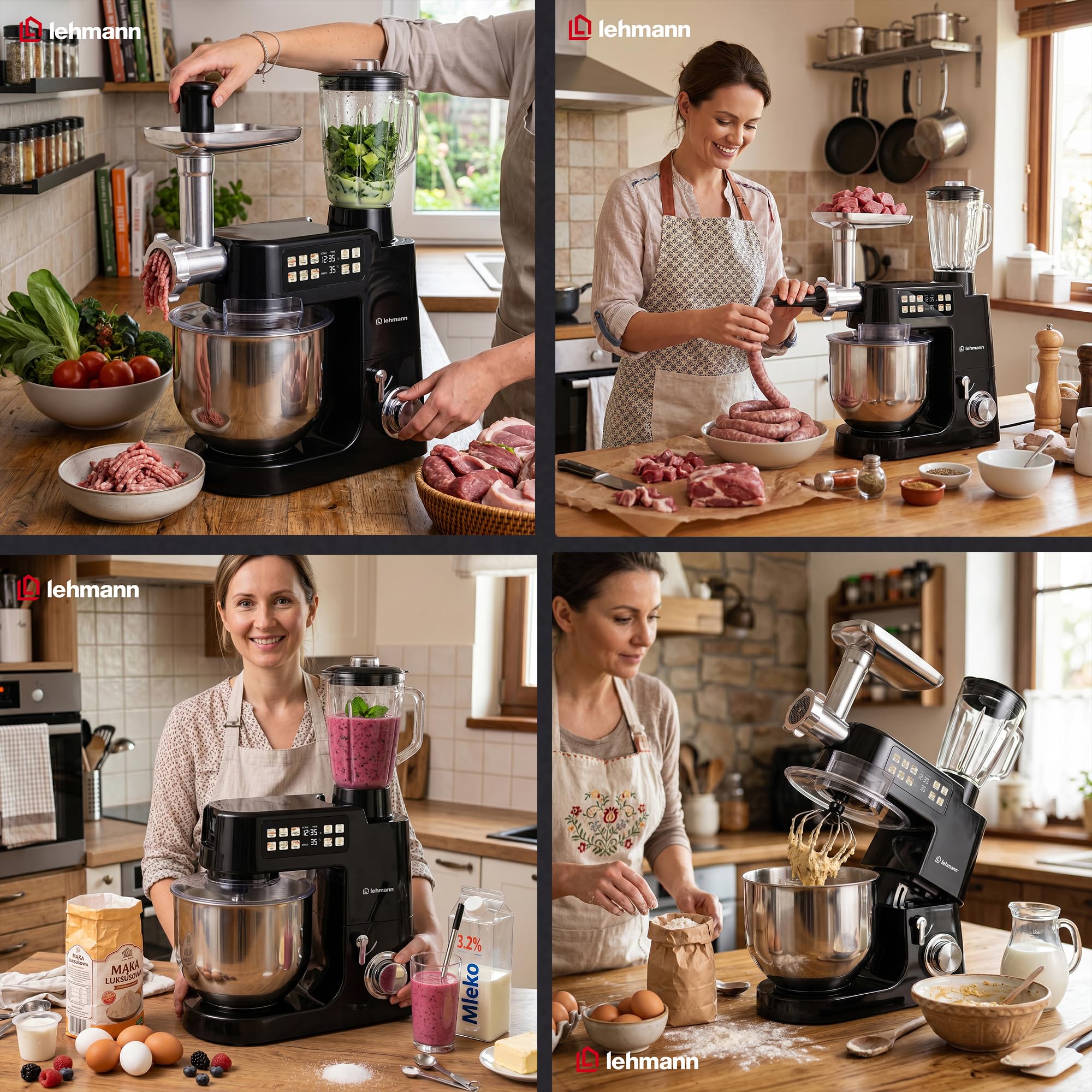 LEHMANN Teyles Robot Pâtissier Professionnel Multifonction 2100W 8L avec Balance Intégrée et Bol Chauffant, Pétrin à Pain et Pizza, Blender Verre 1,5L, Hachoir à Viande, Noir