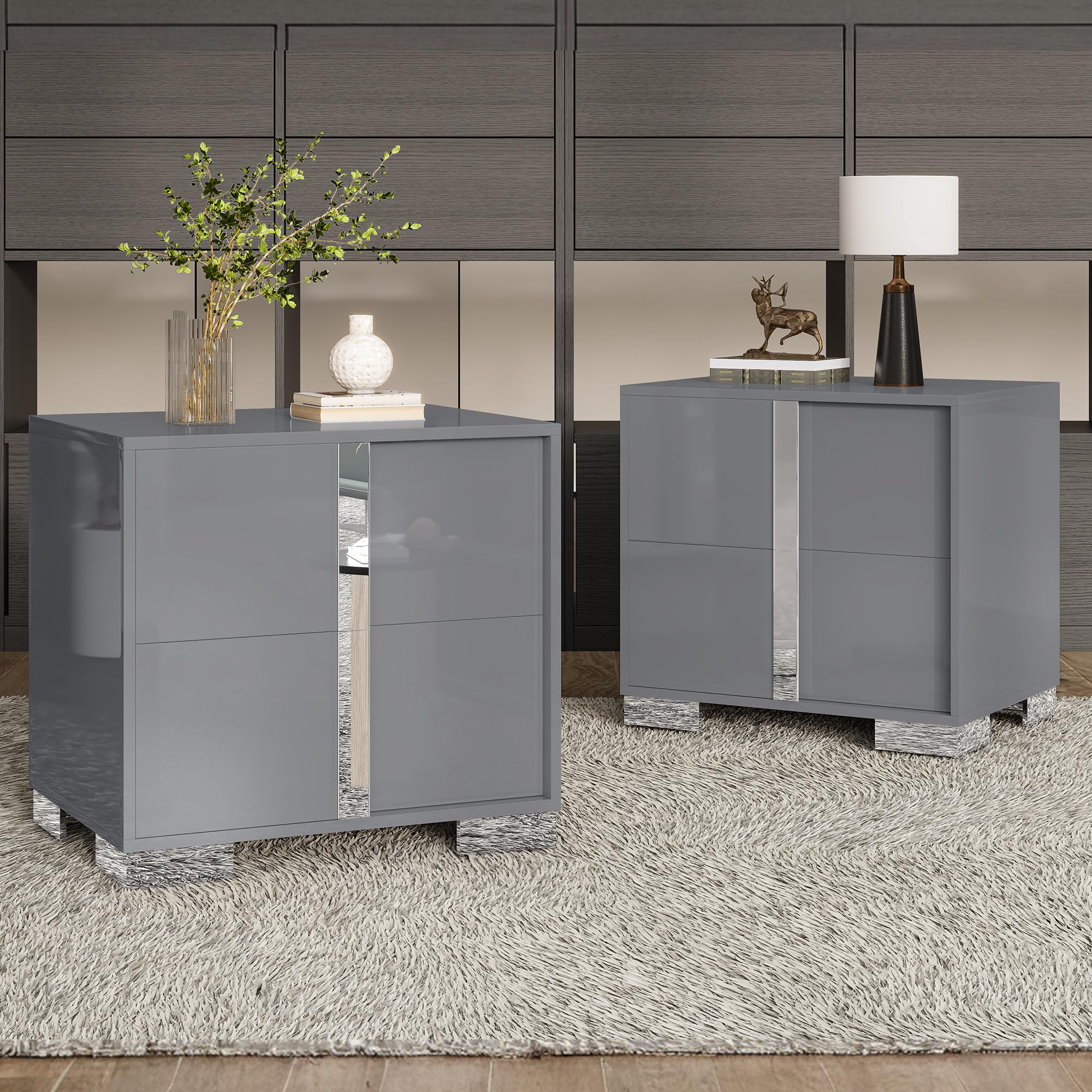 AMERLIFE Nightstand Set of 2, 23.6'' Modern End Table with Drawers, High Gloss UV Finish, Electroplated Pull Handle, Bedside Table for Bedroom, Grey