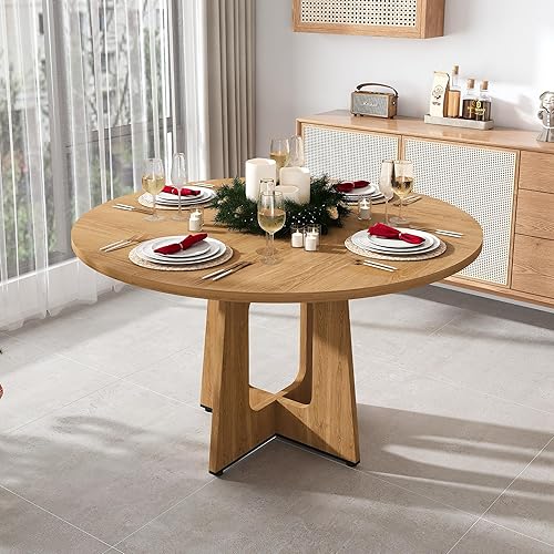 Miniatura 24 de Juego de mesa de comedor redonda de 47 pulgadas para 4, mesa de cocina de mármol sintético blanco circular con 4 sillas de comedor tapizadas de Mesa