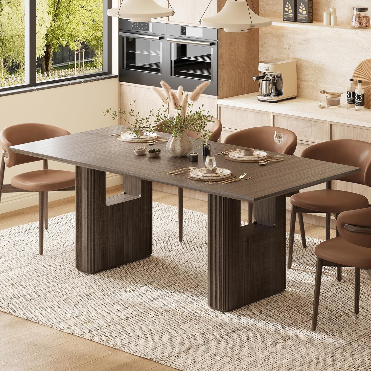 78.5 Inch Dining Table for 4-10 People, Long Large Kitchen Table with Wood Strip Base, Rectangular Kitchen Table, Modern Farmhouse Rectangle Kitchen Dinner Tables for Dining Room Kitchen Living Room