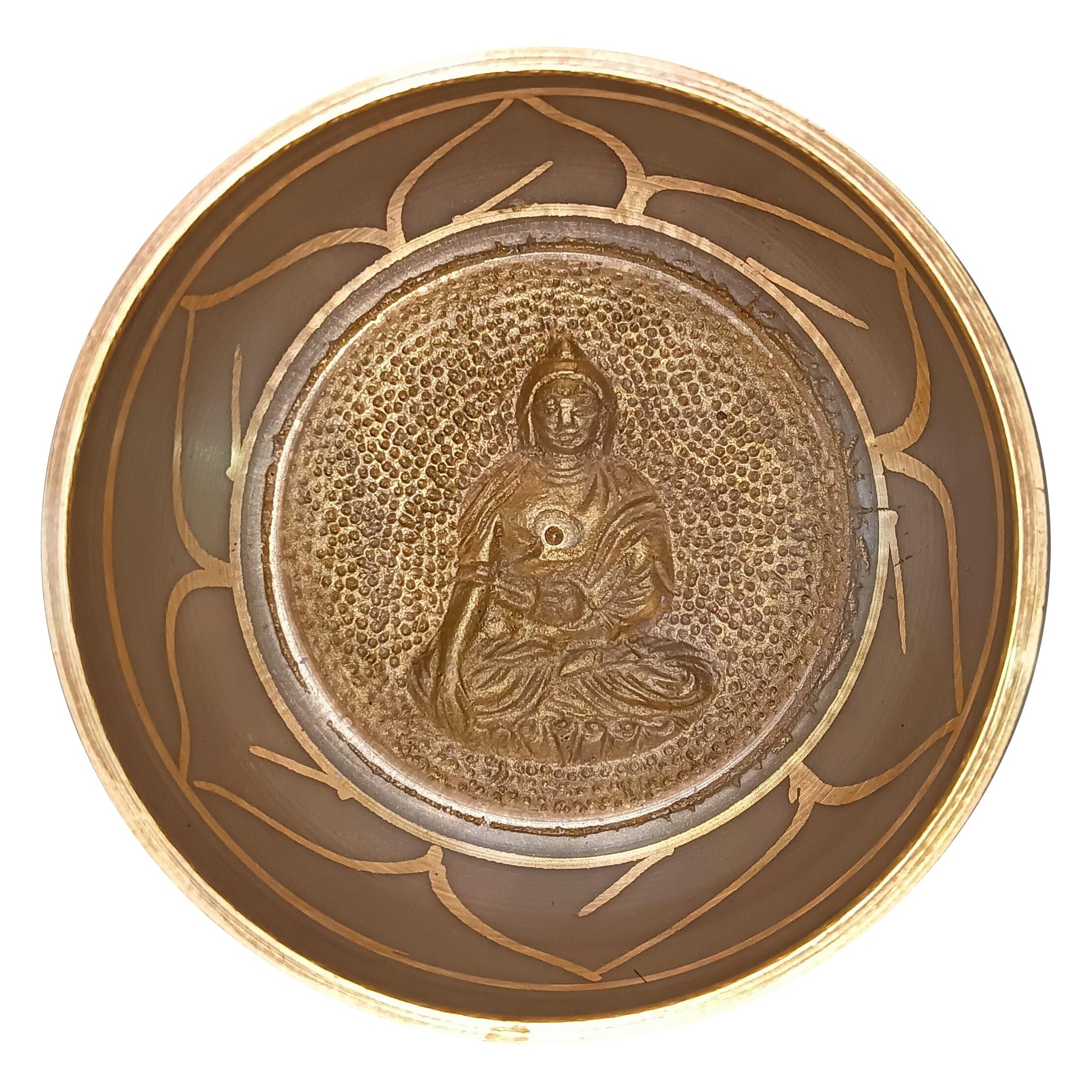 Ajuny Tibetisch-buddhistische Klangschale Buddha Beigefarbener OM-Glocken-Meditationsklang 4 Zoll Durchmesser fur Entspannung und Meditationszubehor Stab und Kissen im Lieferumfang enthalten