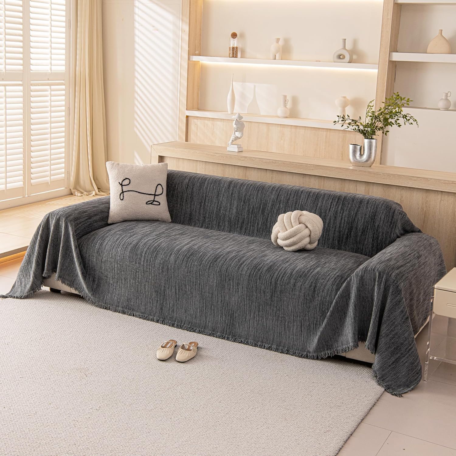 Couch Covers Sofa Cover for 3 Cushion Washable, Loveseat Slipcovers for Dogs, Pet L Shape Sectional Sofa Protector, Boho Couch Cover Blanket, Vertical Slub Chenille, Grey, 91"x134"