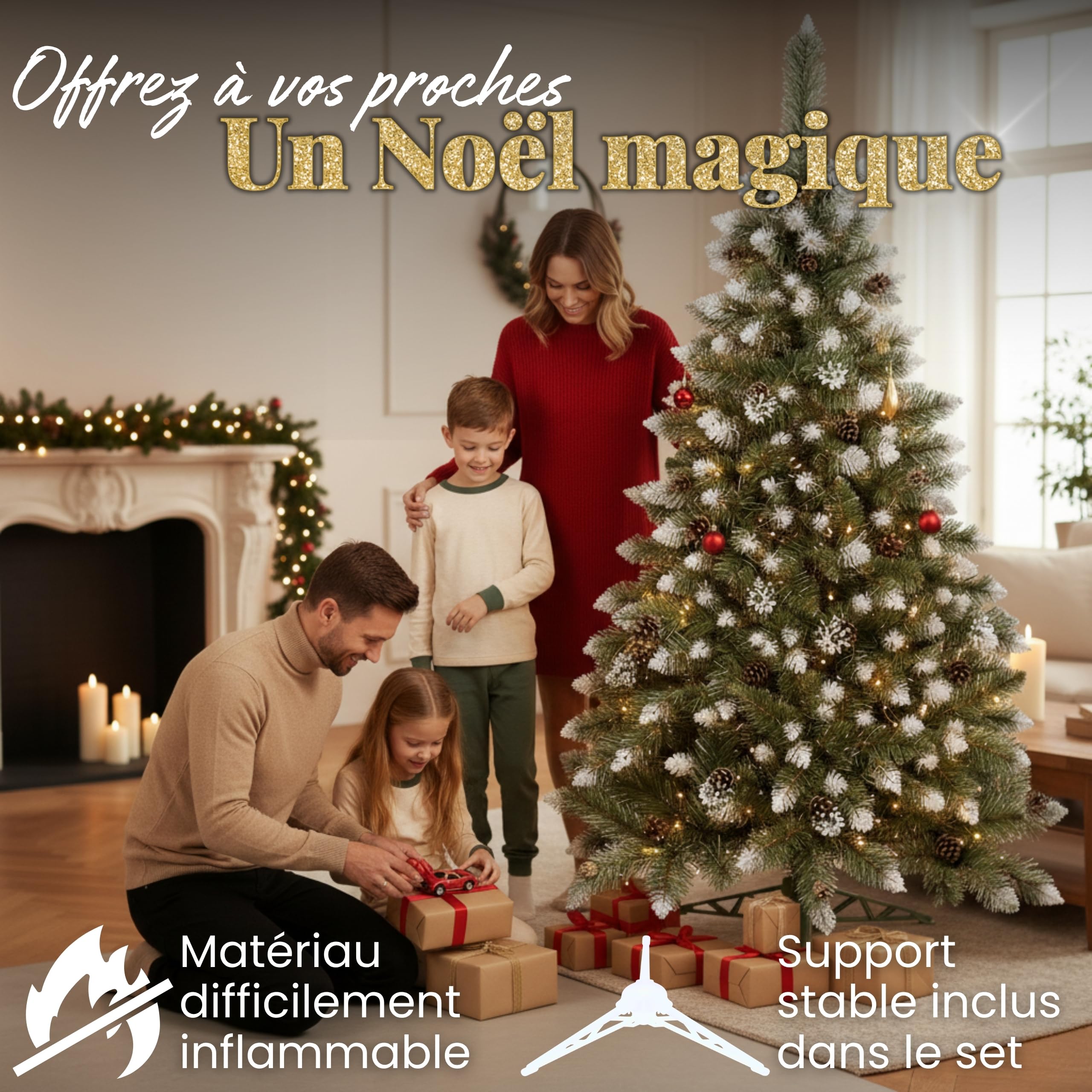 SPRINGOS Sapin de Noël artificiel en pin diamanté, neige artificielle, véritables cônes, 120 cm