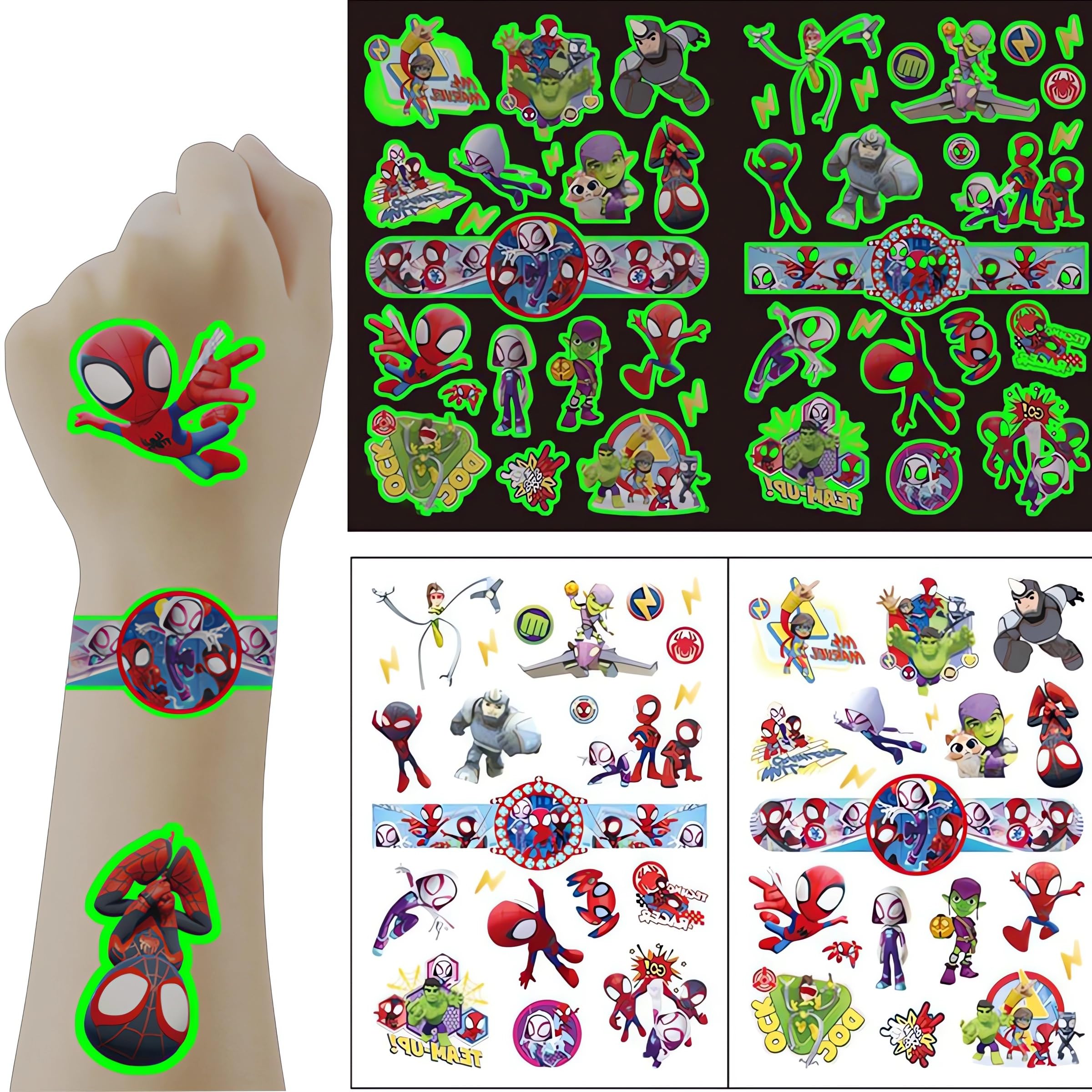 Uniface 8 Sheets Spider Temporary Tattoos for Kids, Cartoon Glow Tattoos Stickers, Spiderman Fake Tattoos Birthday Party Supplies, Glow in the Dark Temporary Tattoos for Boys Girls