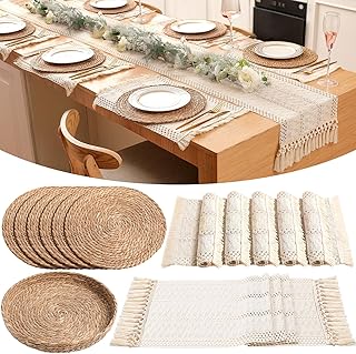 Boho Placemats 4/6/8 Set of Round Woven Placemat Macrame Style Bicolor Stitching Long Table