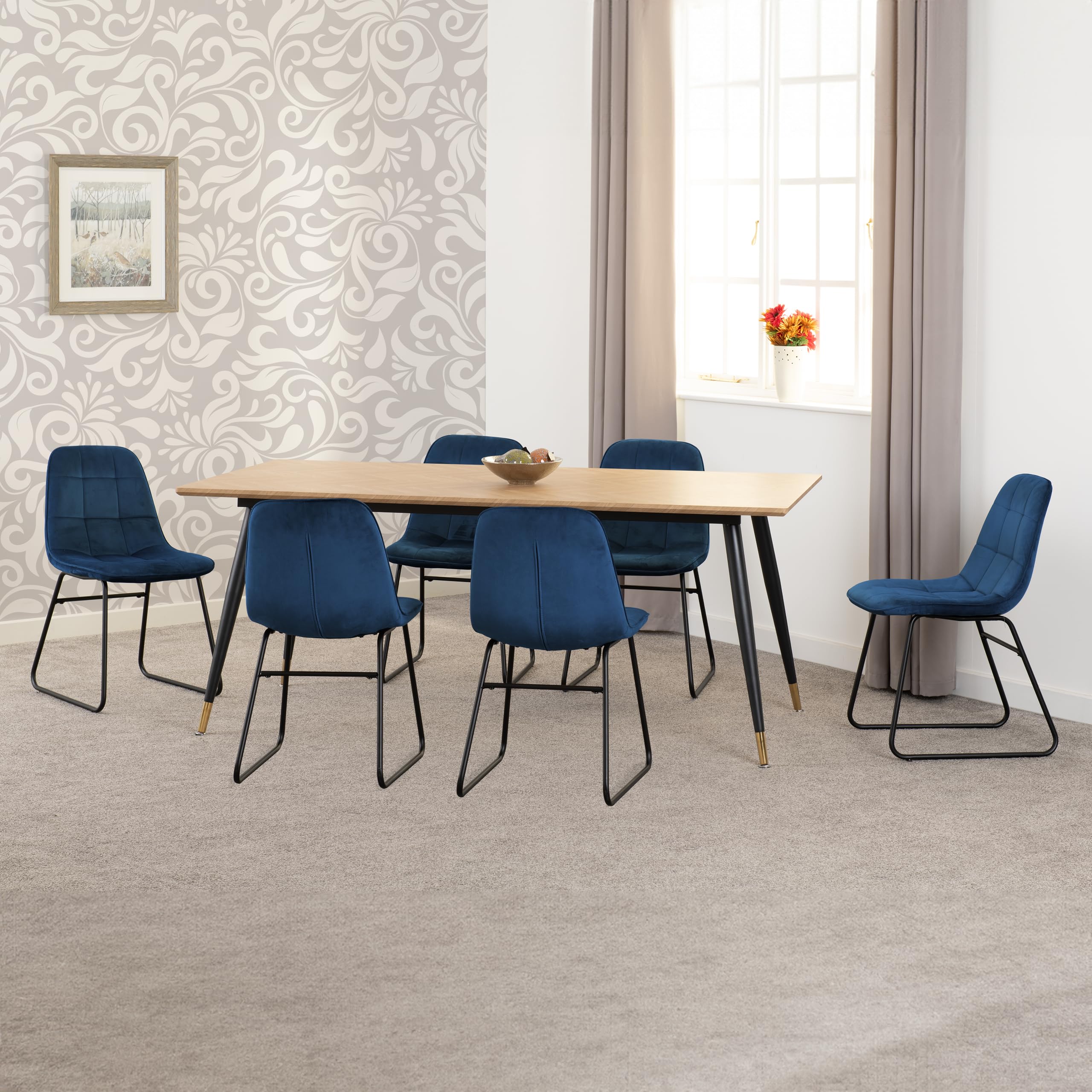Hamilton Large Dining Set - Medium Oak Effect Table with 6 Lukas Sapphire Blue Velvet Chairs