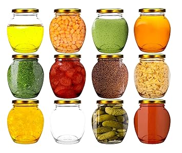 Qwarty Pot Matka Shape Glass Jar and Container with Metal Air Tight Lid for Pantry ,Honey Glass Jar,Spice Masla Jar,Grocery Glass Jar,Grain Glass Jar ,for pickels, capacity 400 ml (set of 12)