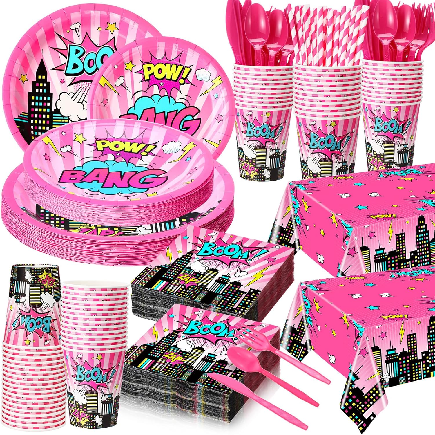 452 Pcs Girl Birthday Decorations for 50 Guests Pink Hero Paper Plates Napkins Cups Tablecloth Cutlery Straws for Pink Hero Birthday Baby Shower Party Supplies
