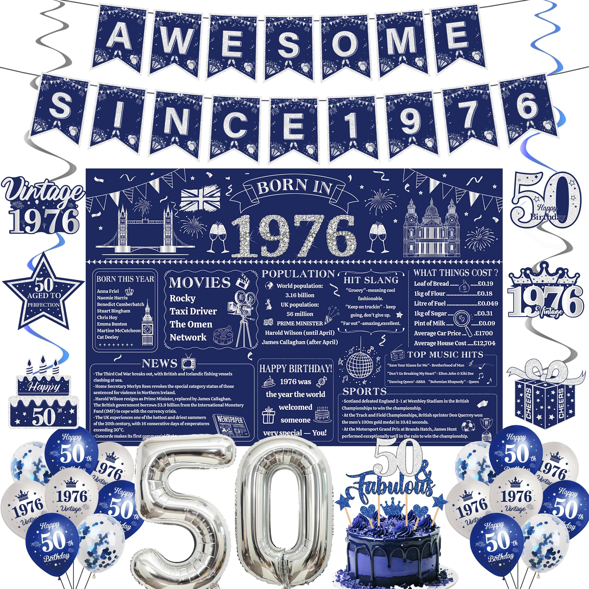 50th Birthday Decorations Men Kit - 32 Pcs Blue Sliver Awesome Since 1976 Banner Born in 1976 Backdrop Hanging Swirls Streamers Cake Topper 50 Balloon Set for 50 Year Old Party Decoration Supplies
