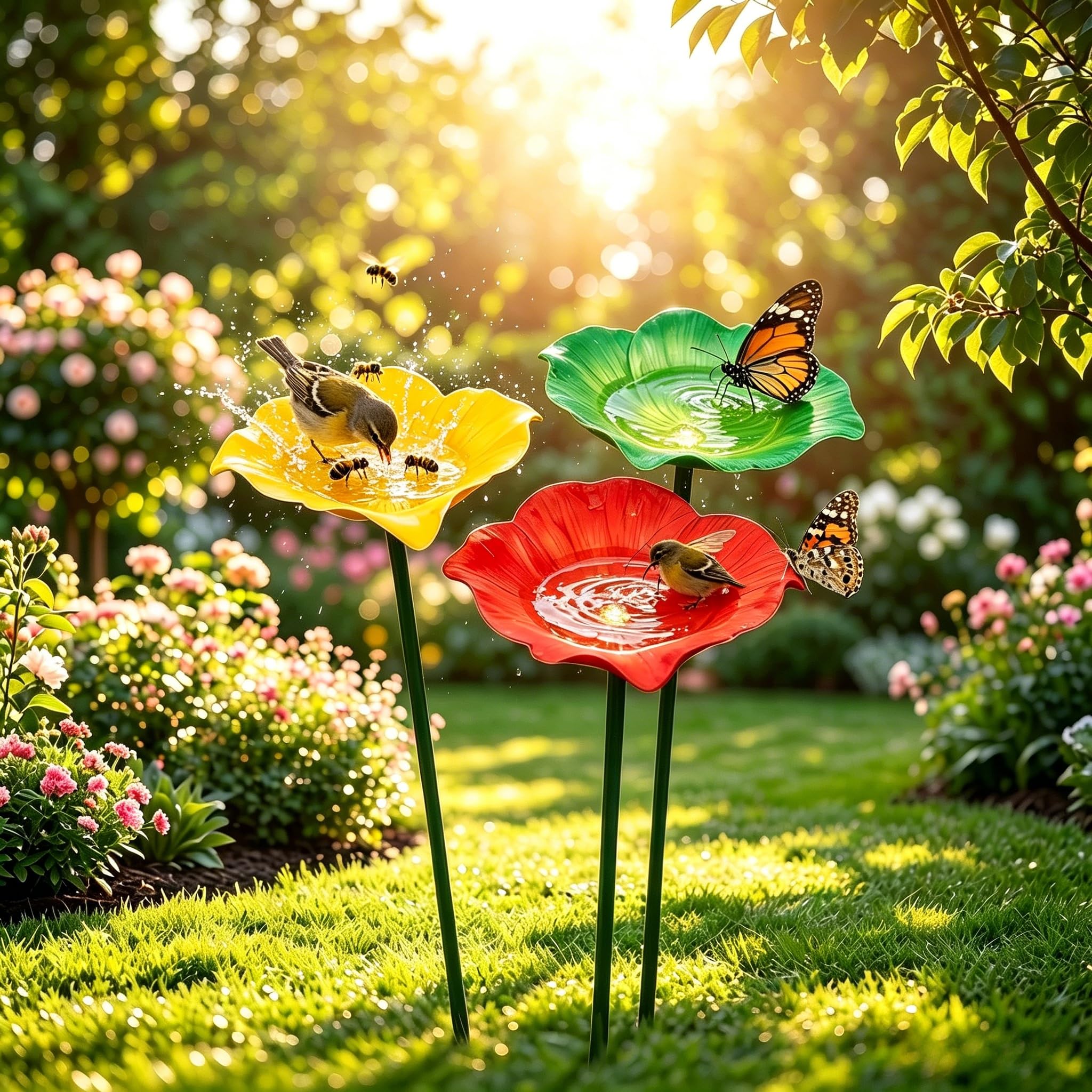 Vogeltränke Metall Futterstation Vögel Gartenstecker,Vogeltränke Winterfest Für Den Garten,Bienentränke Blume Insektentränke Flower Garden Stake Bird Bath, Gartens Für Bienens Schmetterlingstränke (C)