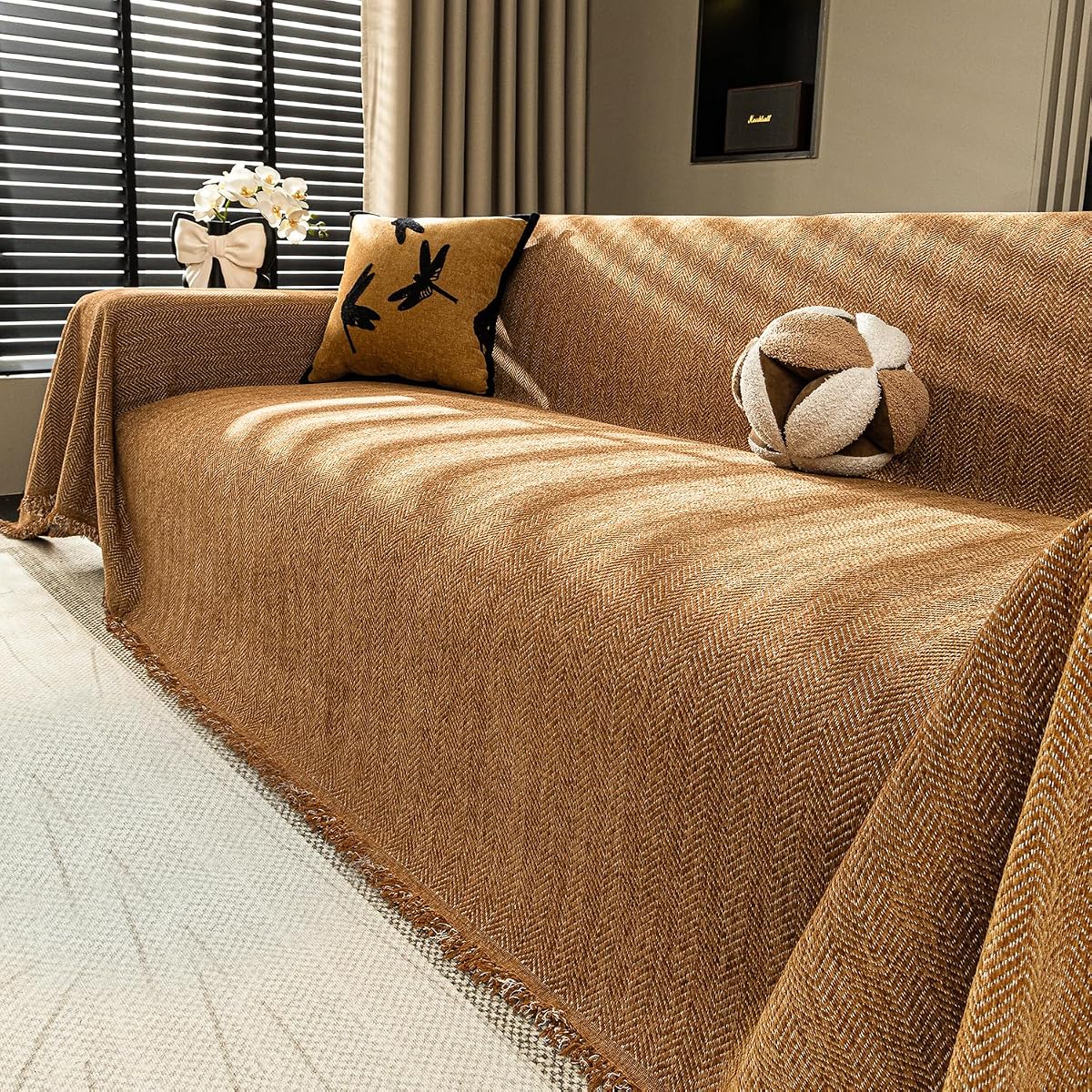 Non Slip Couch Cover for Dogs Washable,Clay Brown 71"x118" | Premium Chenille, Boho Tassel Design, 3 Cushion Couch, Pet Scratch Furniture Protector for Leather & Fabric Couches