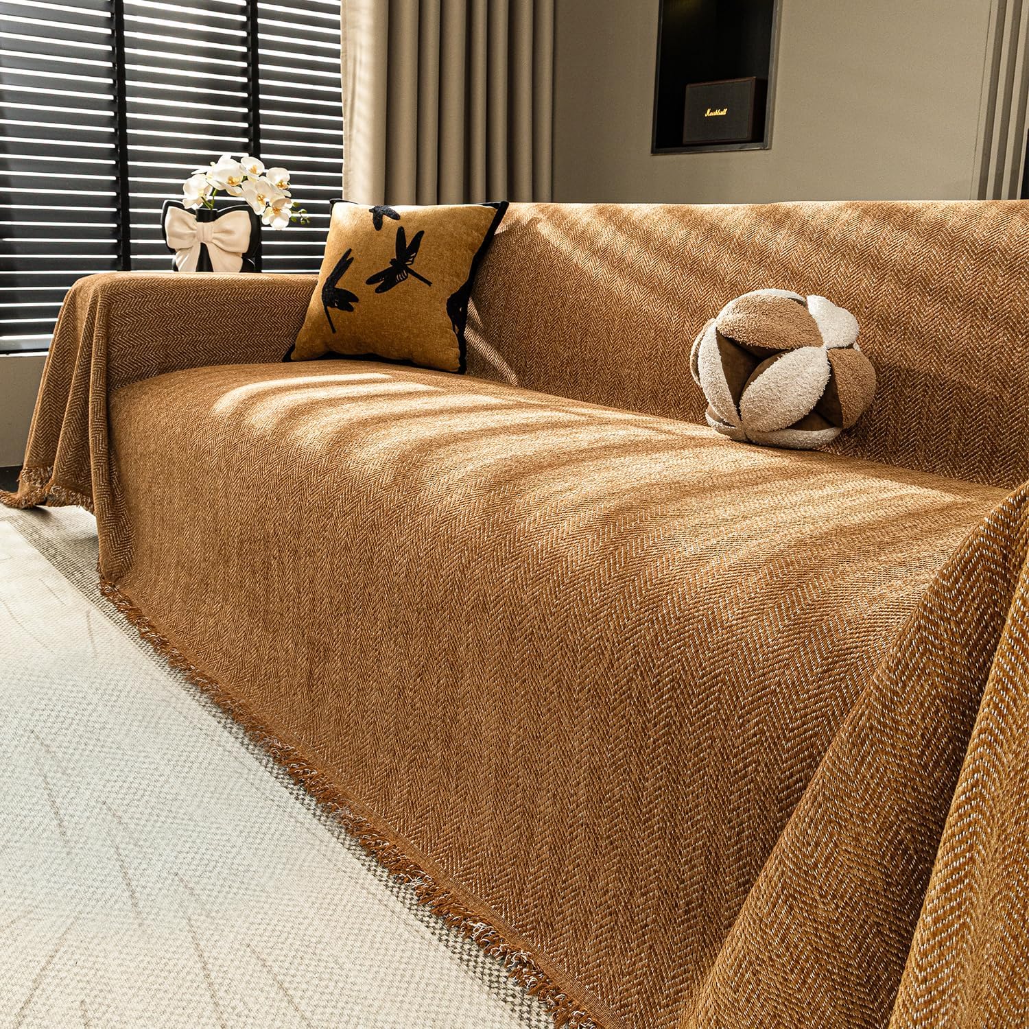 Nobildonna Chenille Couch Cover for Sofa Cover Washable Pet Scratch Couch Covers Tassel Sofa Slipcover for 2 Cushion Couch Furniture Protector Couch Cover Blanket for Living Room,Clay Brown 71"x118"