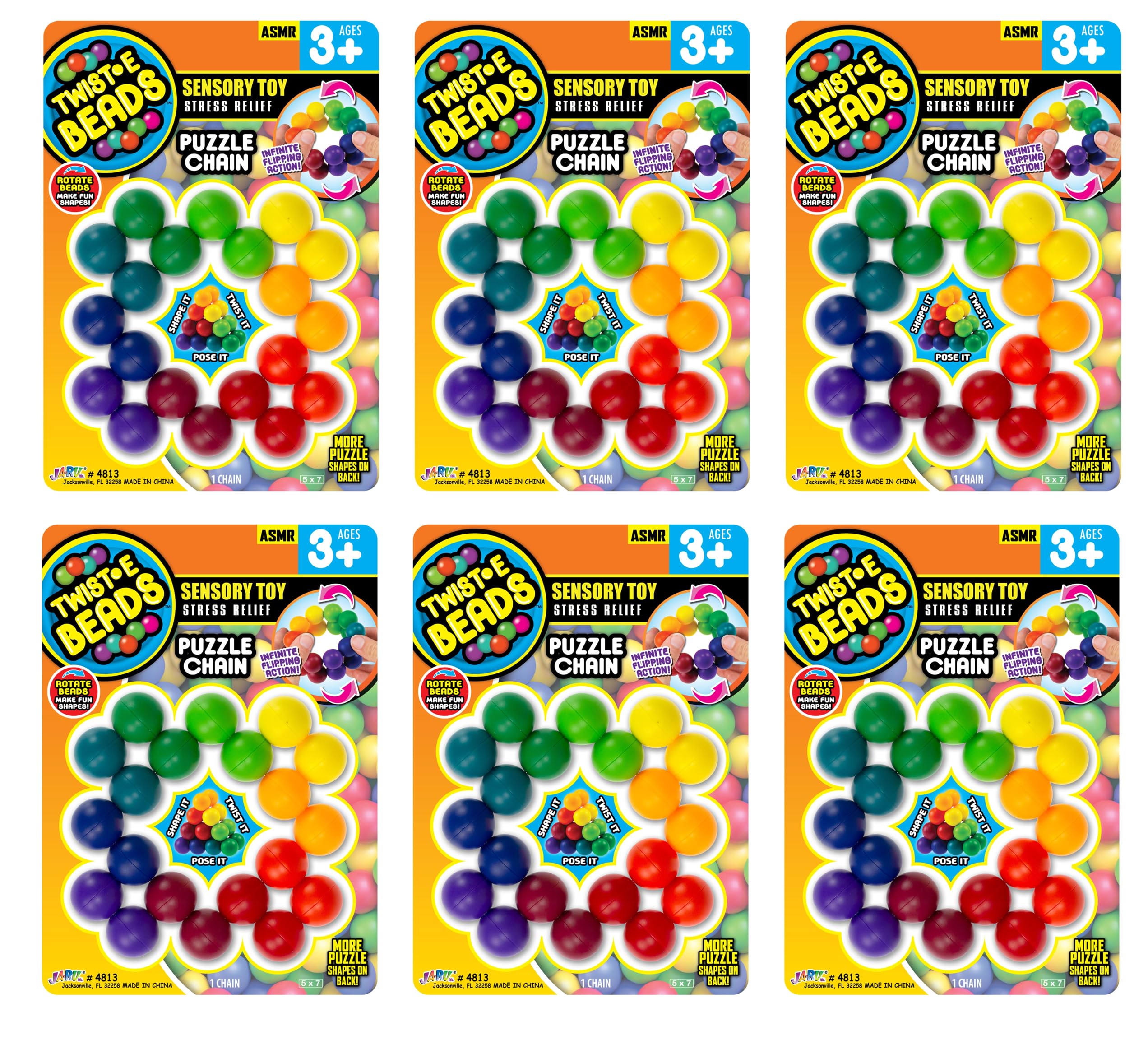 JA-RU Twist-E Beads Fidget Puzzle Chain (6 Pack) – Rainbow Fidget Beads Toy for Kids, Stress Relief Toy, Sensory Bin Items, Party Favors, Classroom Prizes & Goodie Bag Stuffers. 4813-6s