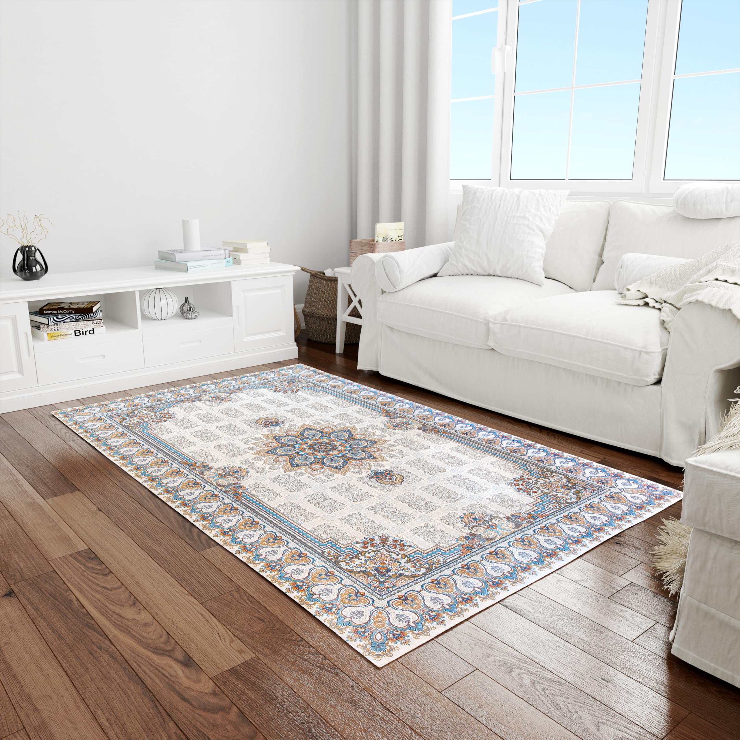 AWG Home - Iranian Classic Cream Carpet, Acrylic, Non-Slip, Super Soft, Durable, Stain Resistant, Suitable for Contemporary Living Room, Cream Carpet (100 x 150 cm)