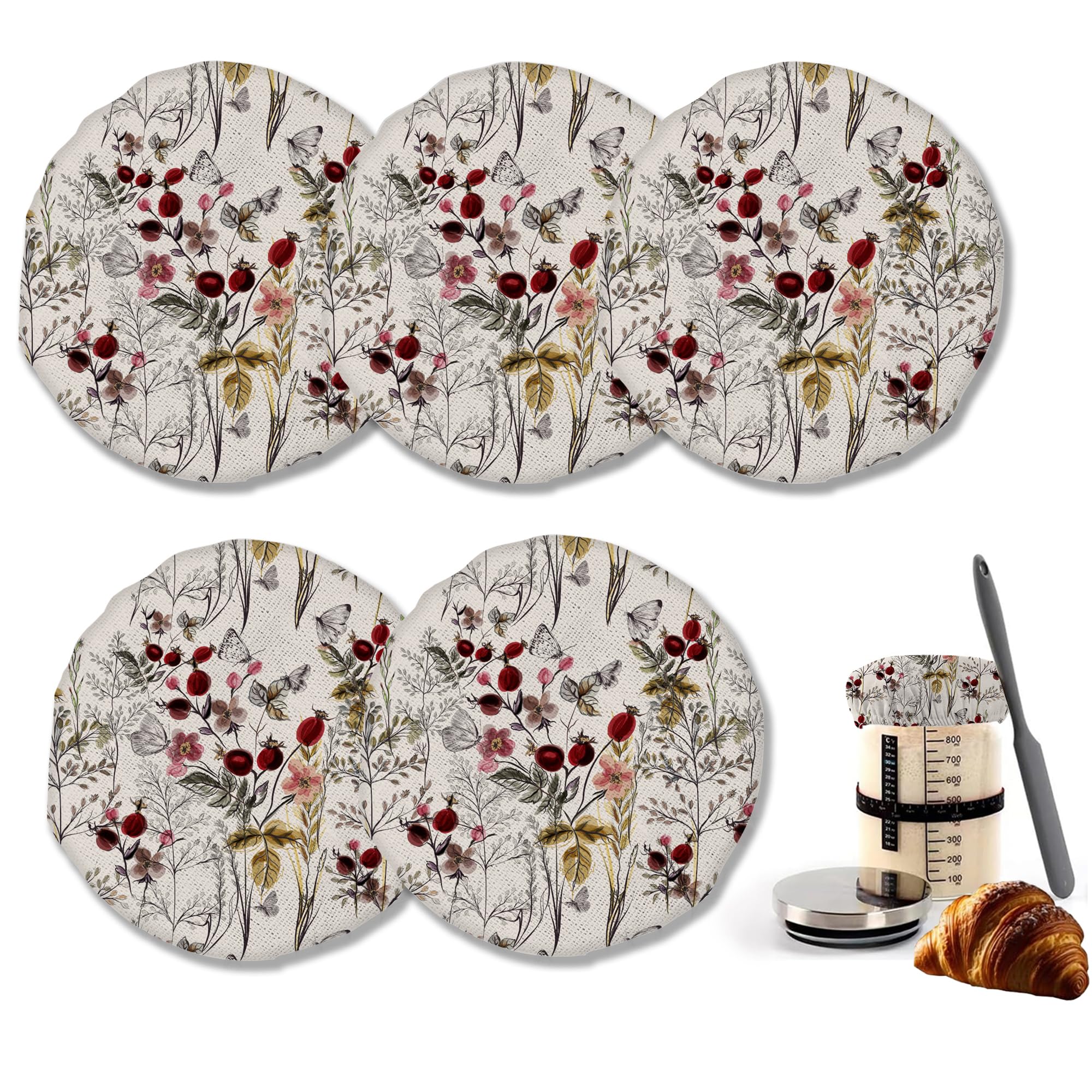 Vintage Flower 5- Pack Cloth Covers for Sourdough Starter Jar, Butterfly Cloth Covers Reusable Lid Top Proofing Bread Fermentation Baking Supplies for 3-4 Inch Jar Mouth