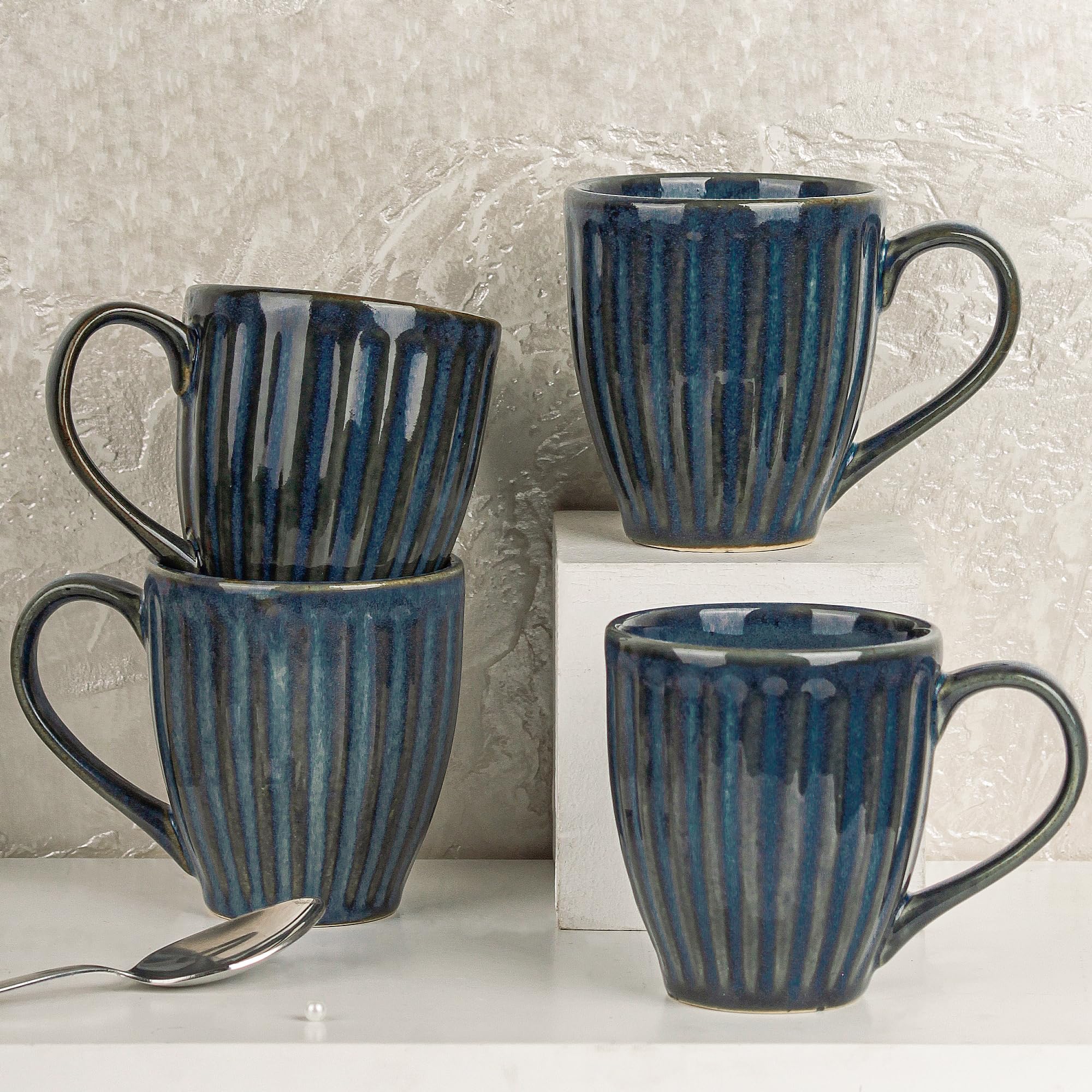 The Earth Store Glam Blue Studio Coffee Mug Set of 4, 330ML | Ceramic Tea Mug | Dishwasher & Microwave Safe | Perfect for Birthday Gift, Office, Home