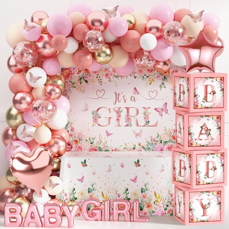 Decoraciones de baby shower de oro rosa rosa para niña, juego de arco de globos florales | Incluye telón de fondo de Es una niña, mantel, cajas para bebés con letras, globos de aluminio y pegatinas de mariposas.