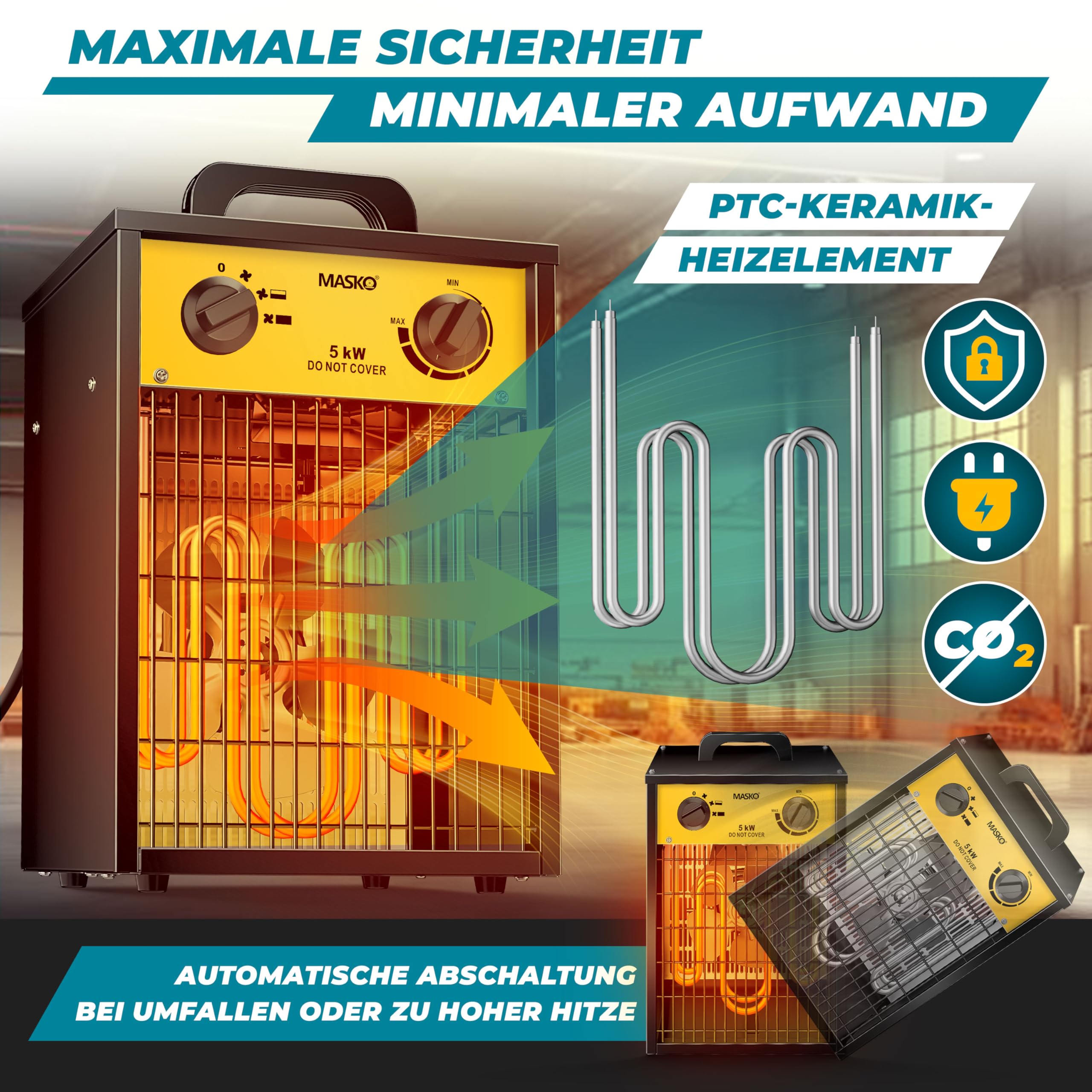 MASKO® Calentador eléctrico calentador de construcción con termostato integrado, calentador eléctrico con 3 etapas de calentamiento, calentador de ventilador para uso interior, amarillo, 5 KW