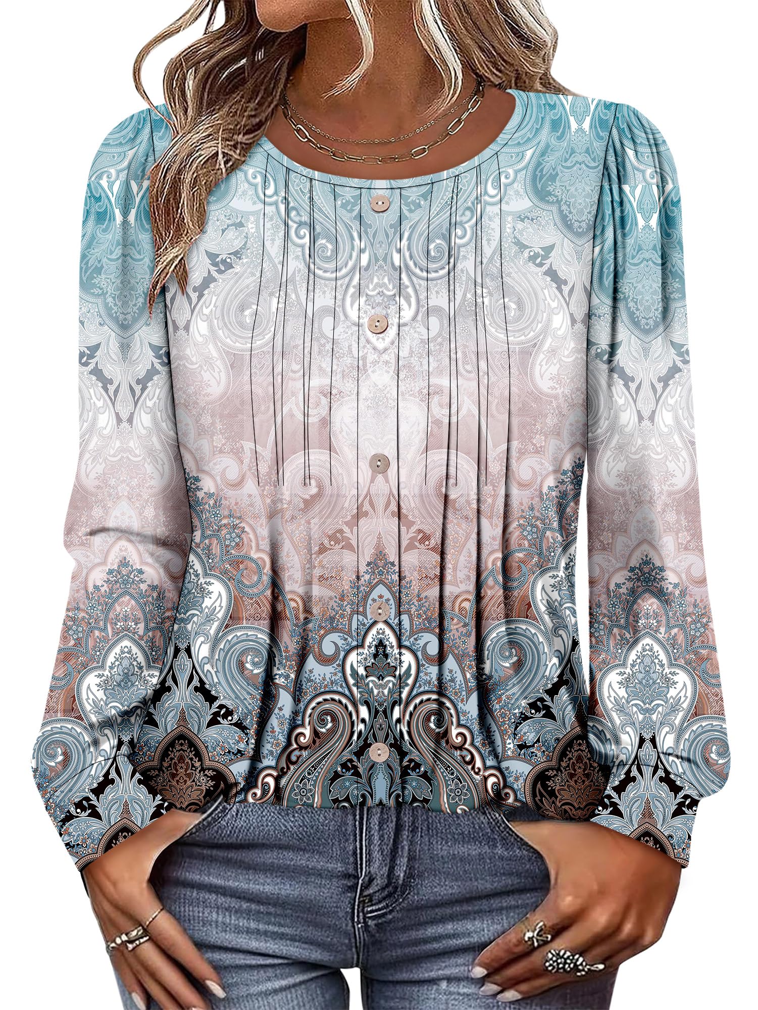 onlypuff Women's Tunic Tops Long Sleeve Crew Neck Pleated Blouses Decoration Button Casual Loose T-Shirts