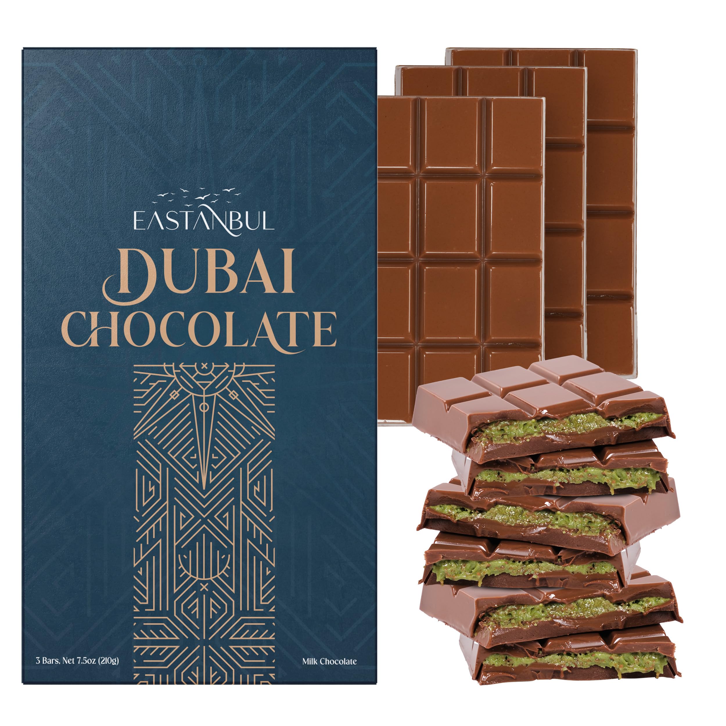 Eastanbul Dubai Chocolate Bar Pistachio, 3 Pieces x Each 70g, Premium Pistachio Dubai Chocolate Bar with Shredded Phyllo Dough, Knafeh, Viral Candy, Gift Box