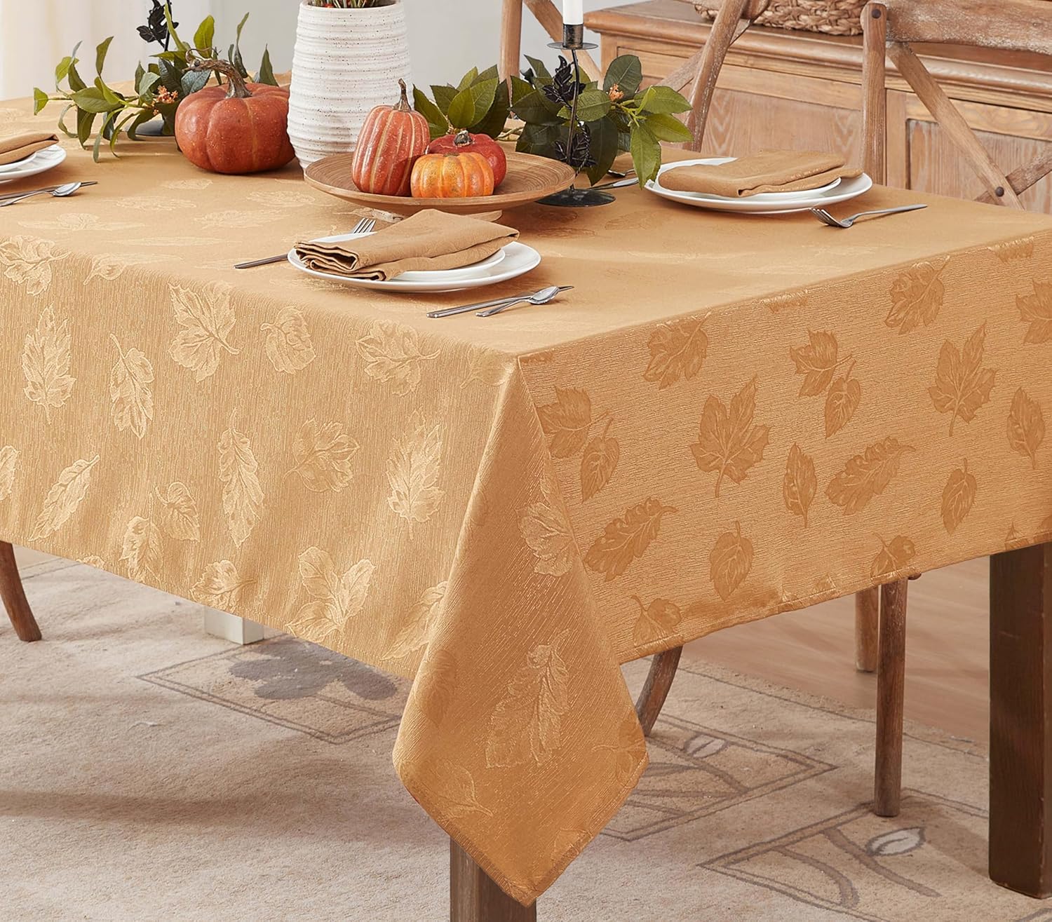 Newbridge Gold Tremont Leaf Damask Rectangle Fabric Spring Lodge Tablecloth, 60 x 120 Inch, Elegant Holiday Swirling Leaf Pattern, Soil Resistant Easy Care Table Cover
