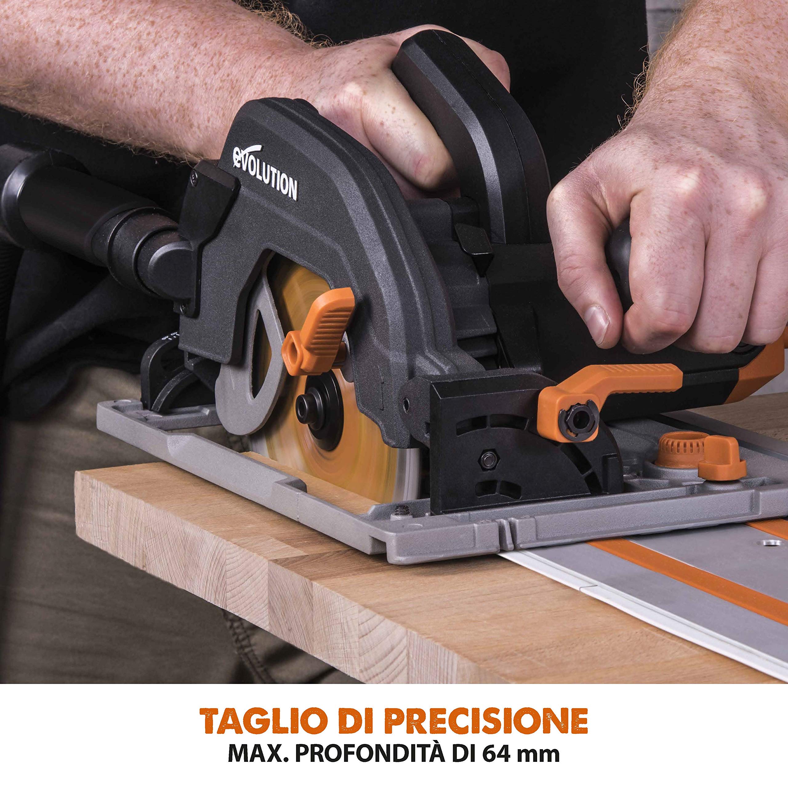 Evolution Power Tools - R185CCSX Sega Circolare Multi-Materiale 185 mm Compatibile con Binario Guida (Pacchetto Abbinato con Binario da 1020 mm Incluso), 230 V