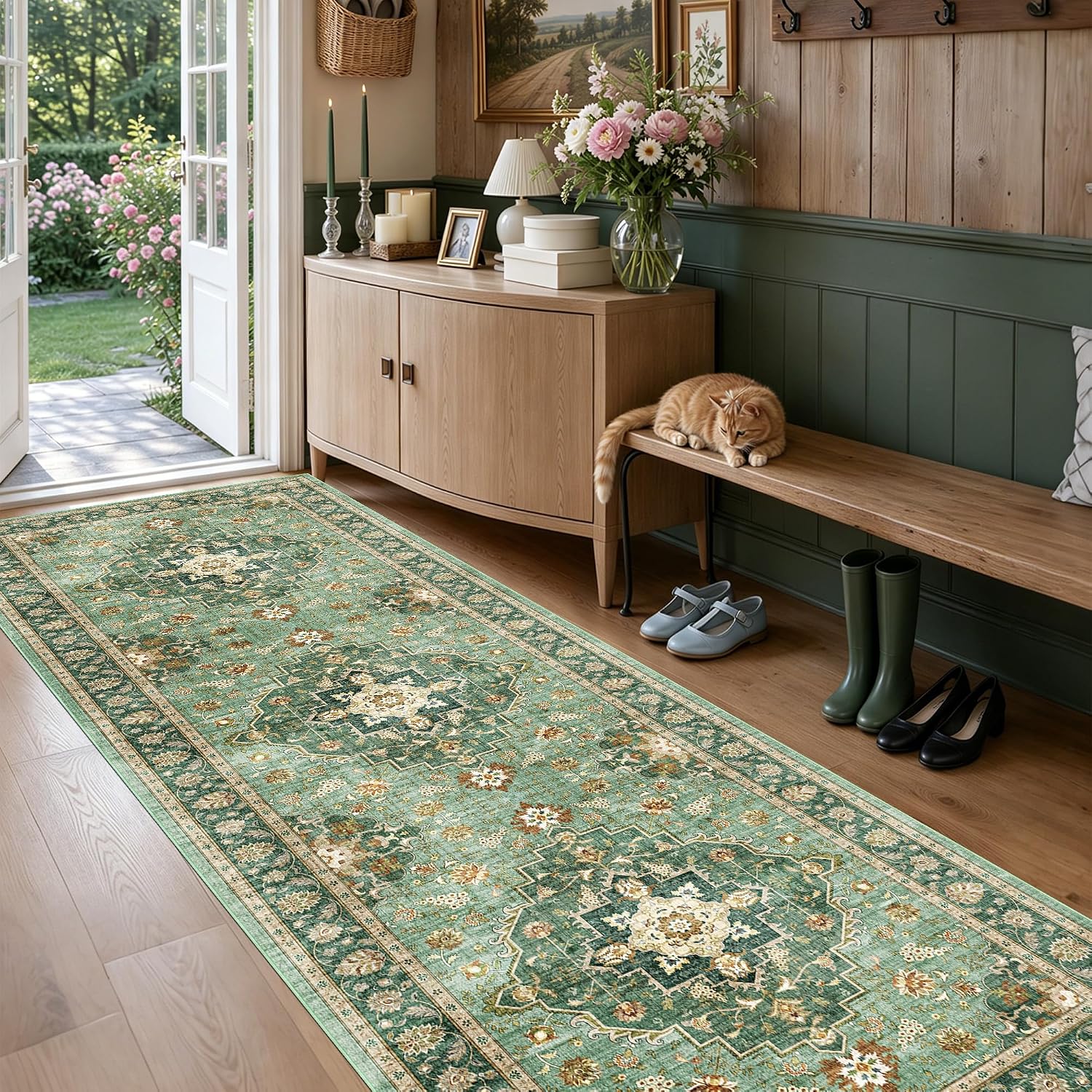 Washable 3x9 Runner Hallway: Non-Slip for Dog Cat Household Forest Green